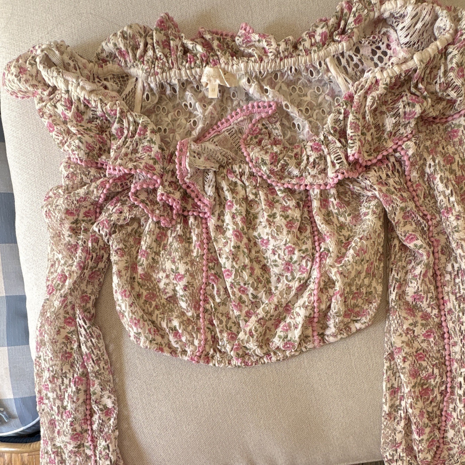 SHACK FANCY XS Pink Floral Eyelet Off Shoulder Puff Long Sleeve Cropped Blouse