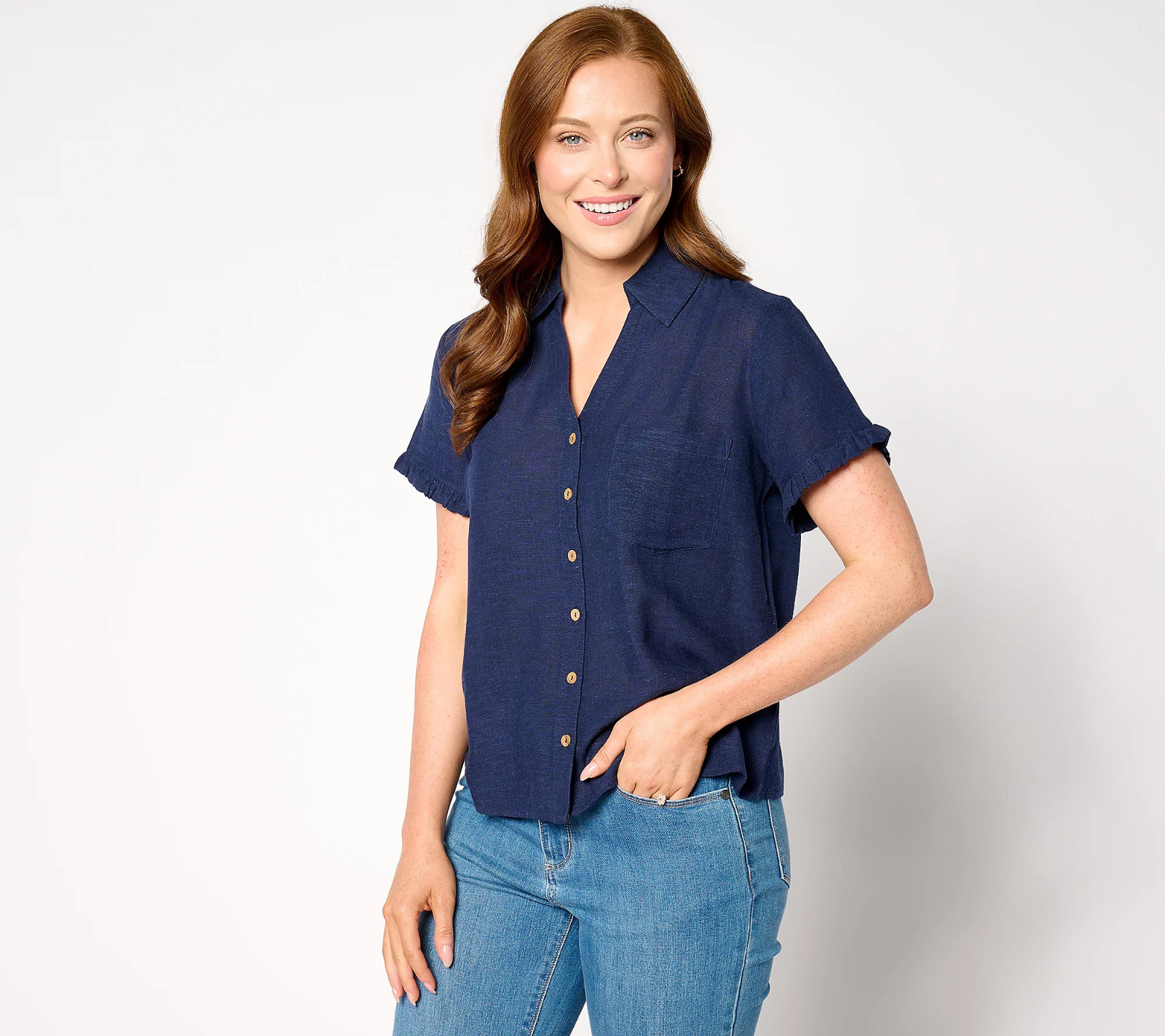 AnyBody Short Sleeve Button Front Linen Blend Camp Shirt Blue XL