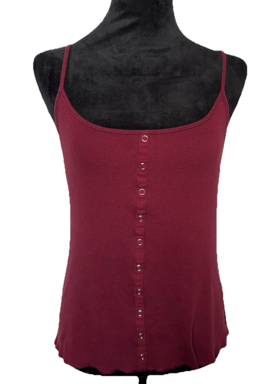 Route 66 Womens VTG Ribbed Y2K Henley Cami Tank Top Burgundy Small Cottage Retro