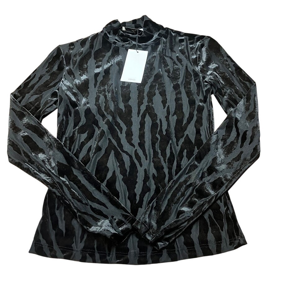 MNG Mango Top Velvet Semi Sheer Long Sleeve Black Zebra Bodycon Blouse Size XS