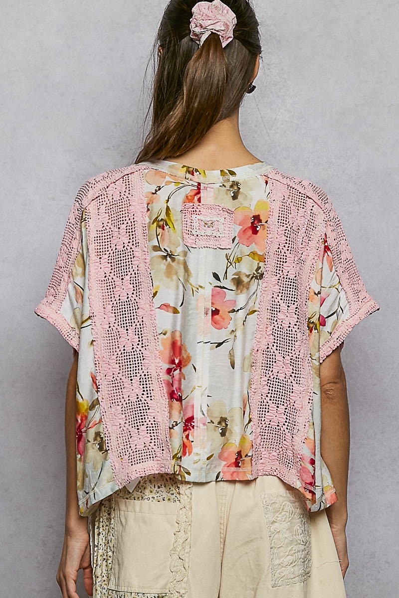 POL Clothing Women’s Floral Printed Crochet Lace Top in Pink Ivory