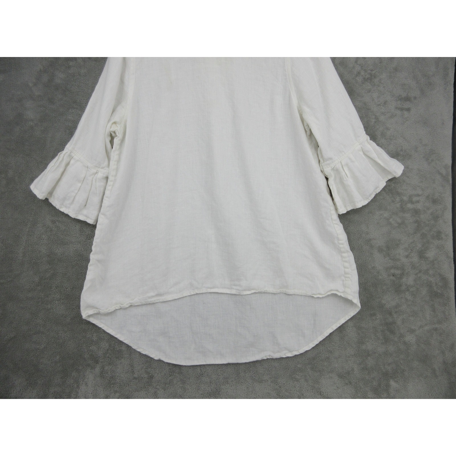 Crown Linen Designs Top Women Medium Ivory Linen Bell Sleeve High Low Coastal