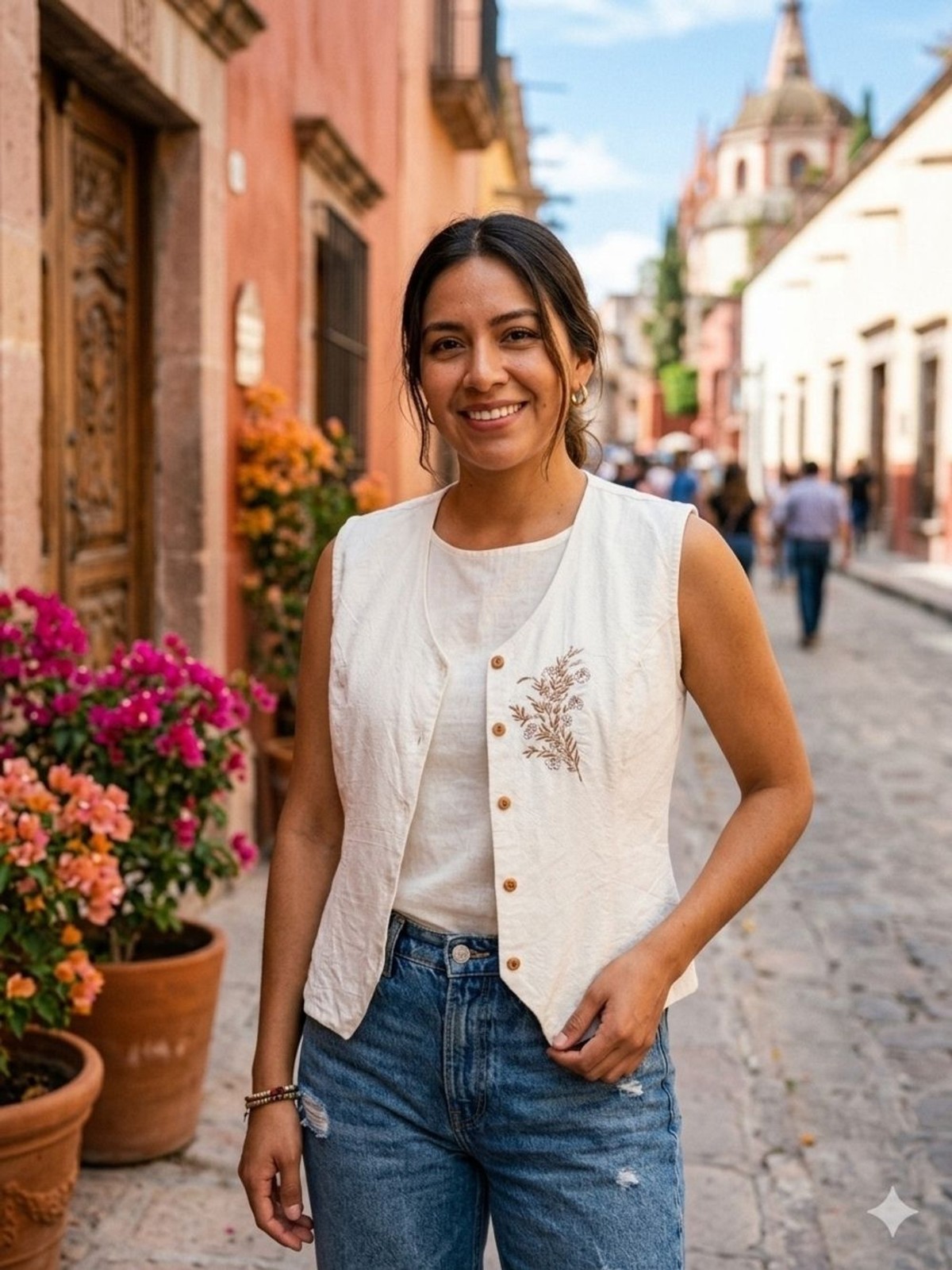 ​Mexico Lindo Artisan Cotton Vest, Embroidered Floral Detail, M