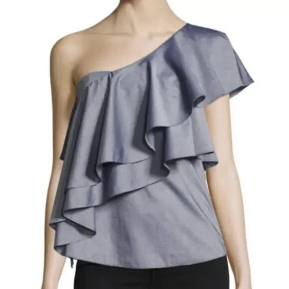 Milly Cascade Layered One Shoulder Cross Dyed Italian Shirting Top Gray 8 NWT