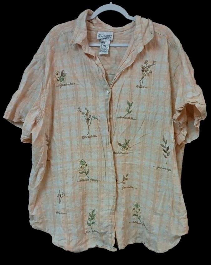 Casey & Max 34W orange plaid button down embroidered floral short sleeve top