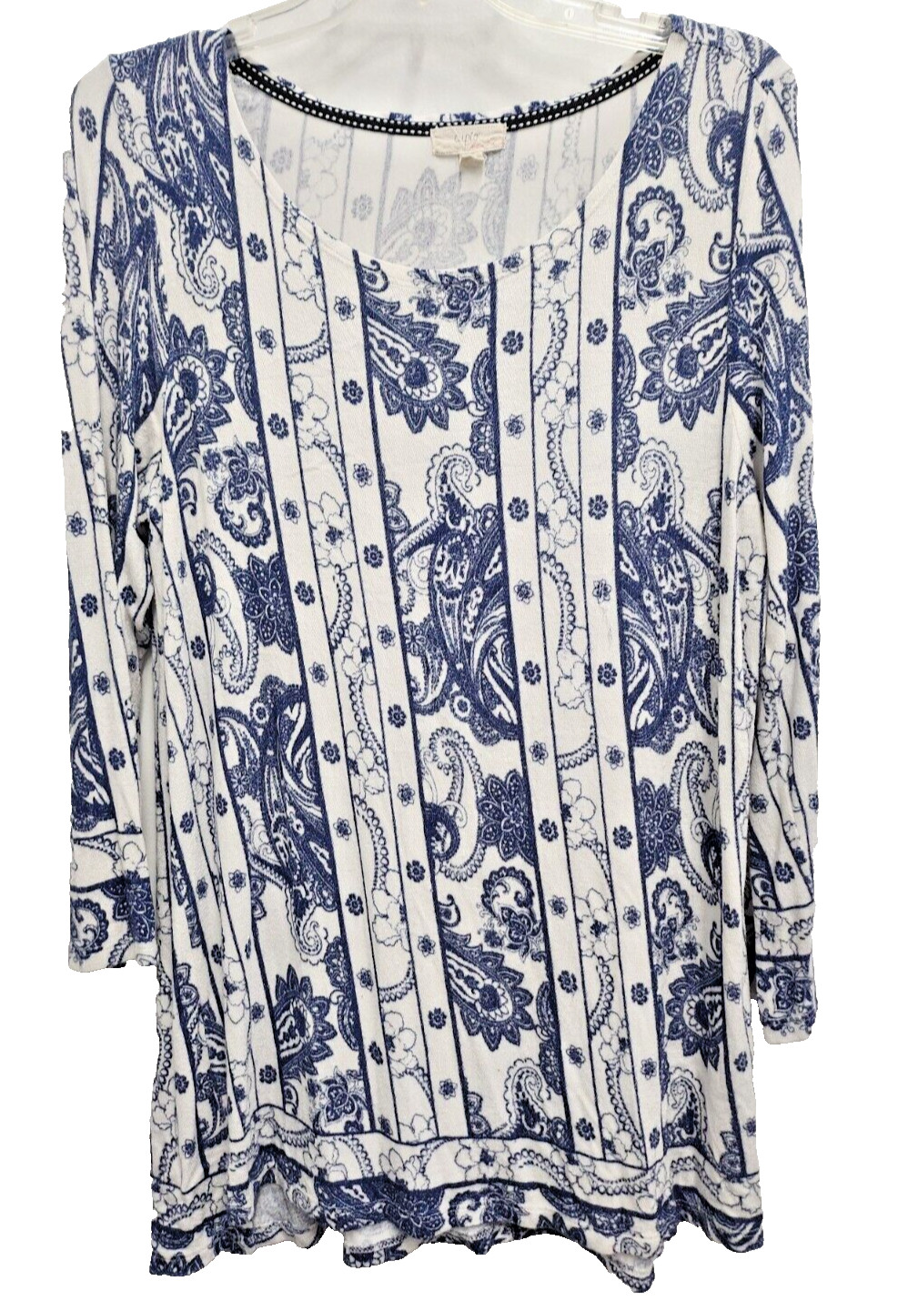Cupio Womens BOHO Tunic Top Large Blue White Paisley 3/4 Sleeve Cottagecore