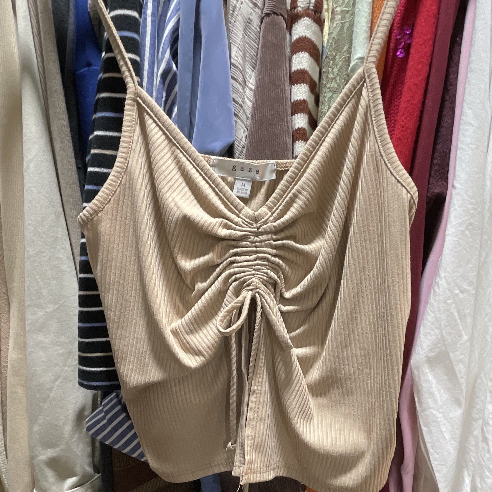 Gaze Beige Solid Ribbed Knit Ruched Drawstring V-Neck Spaghetti Cami Top M