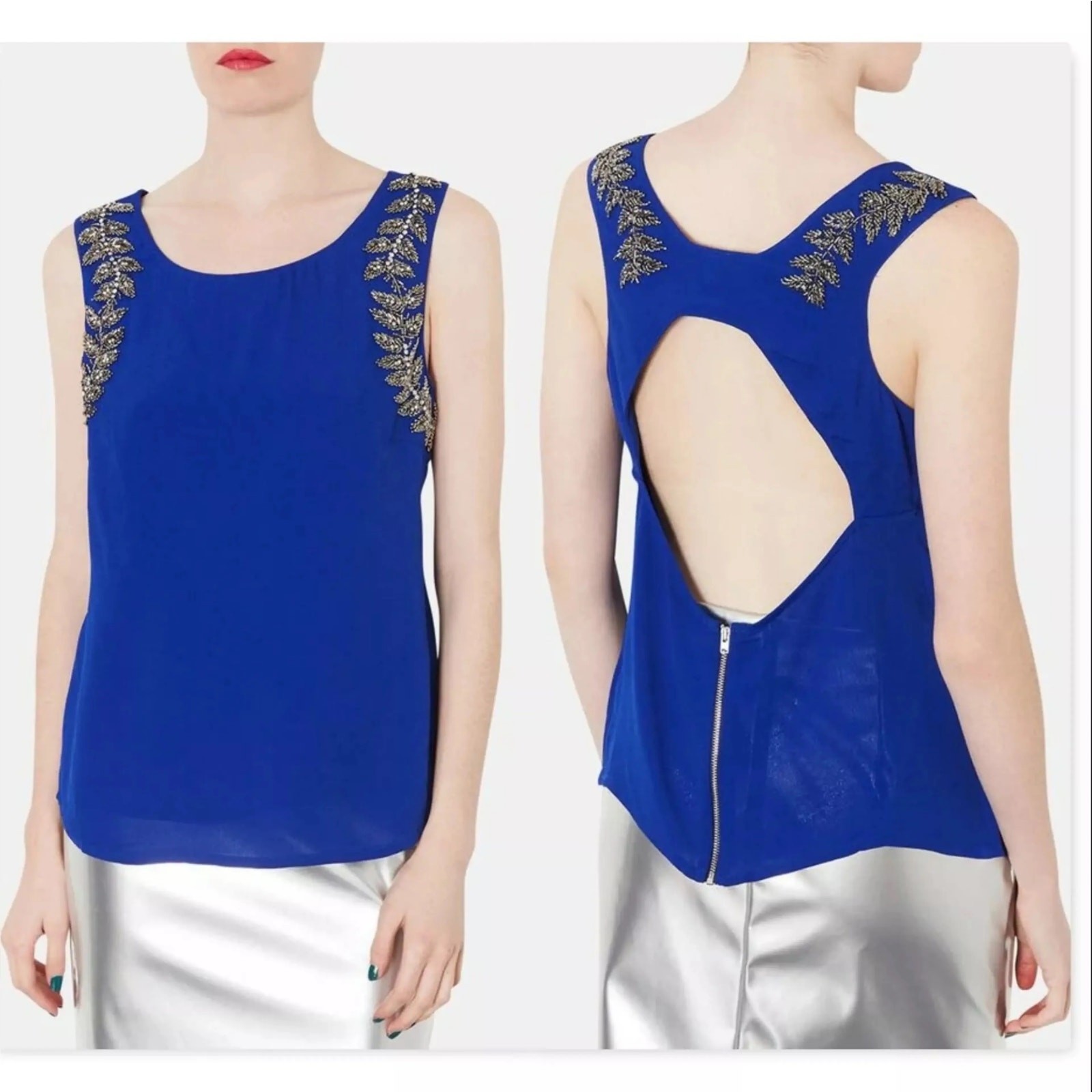 Topshop Blue Beaded Jeweled Embellished Sleeveless Cutout Back Blouse Tank Top 2