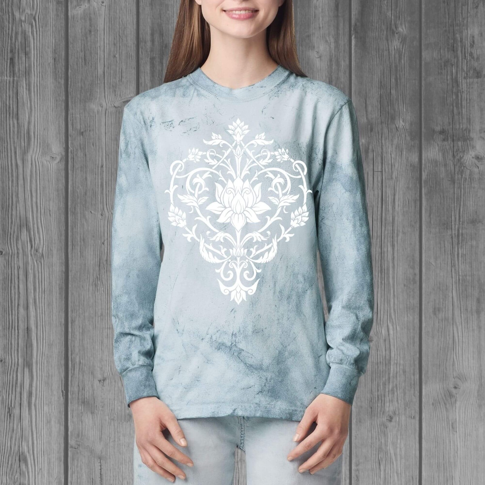 Floral Lotus Blue Tie Dye Long Sleeve Shirt Women | 100% Cotton Comfort Colors