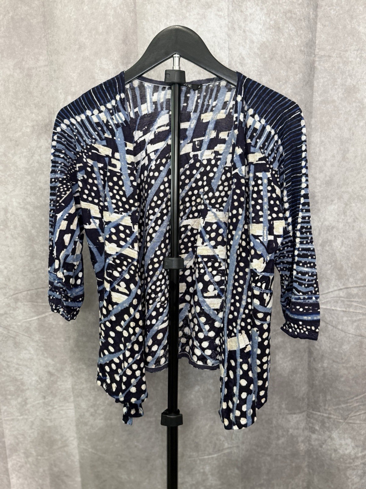 NIC+ZOE Blue/White Geometric Knit V-Neck Open Front 3/4 Sleeve Cardigan M