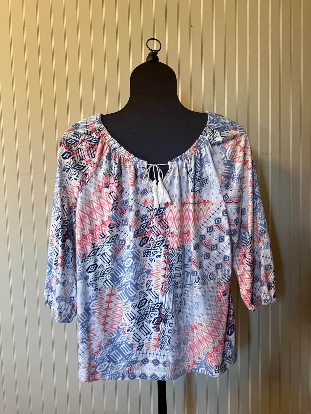 CHAPS ~1X~Blue/Coral ~Elastic Neck ~Tassel Tie~BOHO/Peasant~100% Cotton~Knit Top