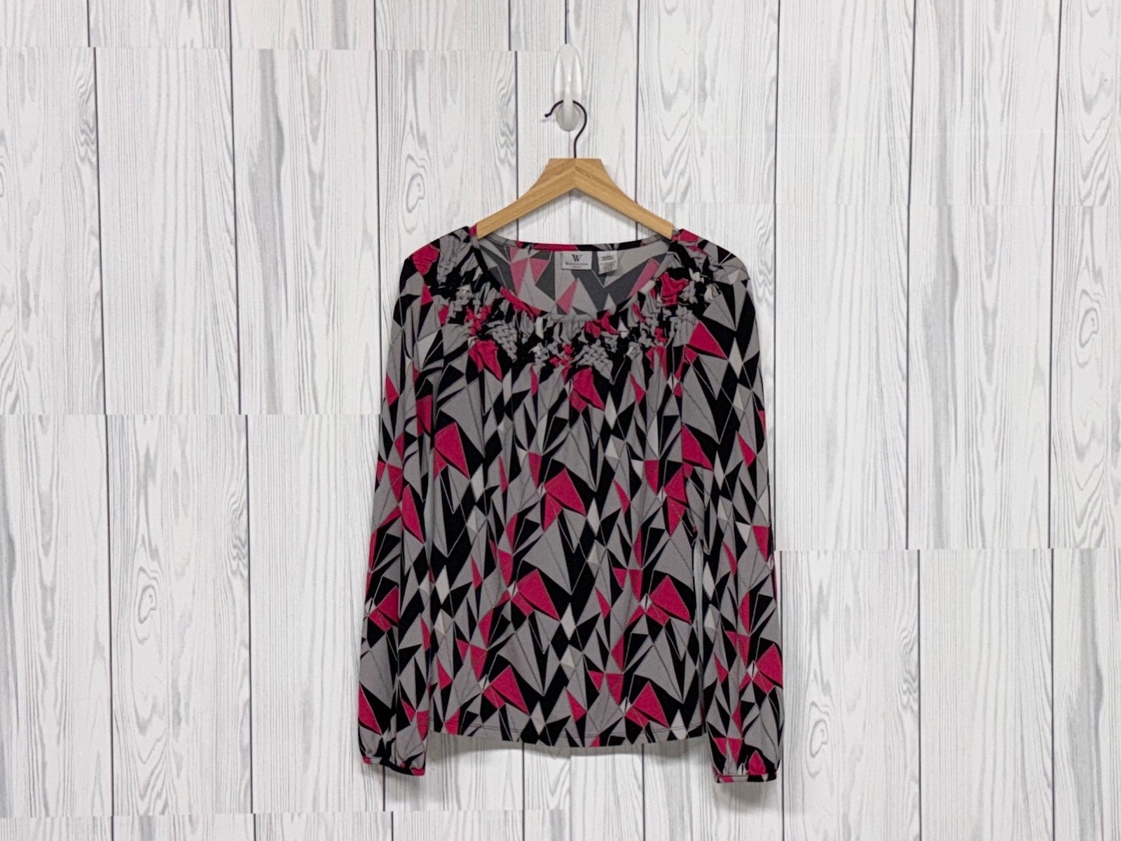 Worthington blouse womens size medium long sleeve pink patterned stretch top
