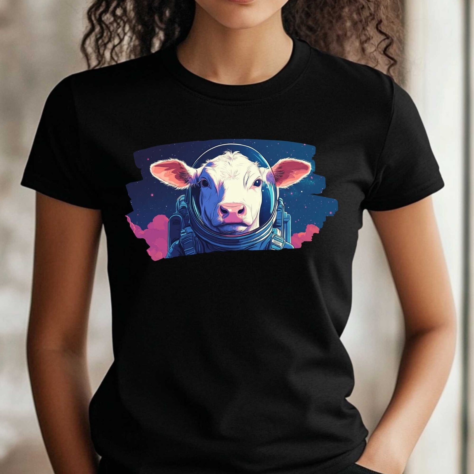 Women Cow as Astronaut Print Cotton T-Shirt Size XS to 3XL