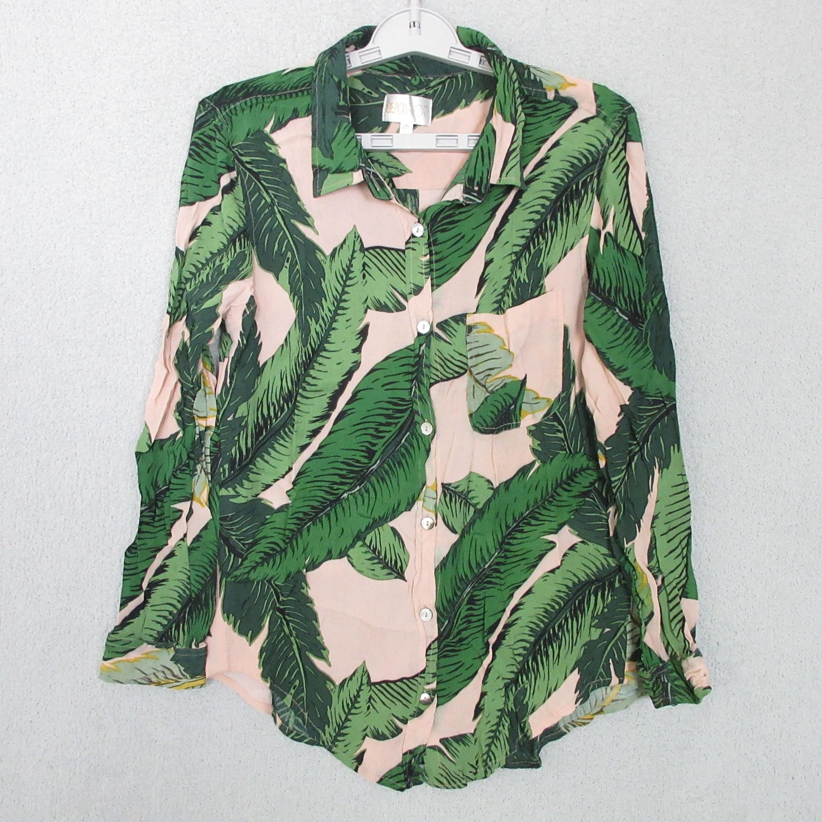 Beach Riot Shirt Womens S Palm Leaf Print Button Up Viscose Pink Green Relaxed