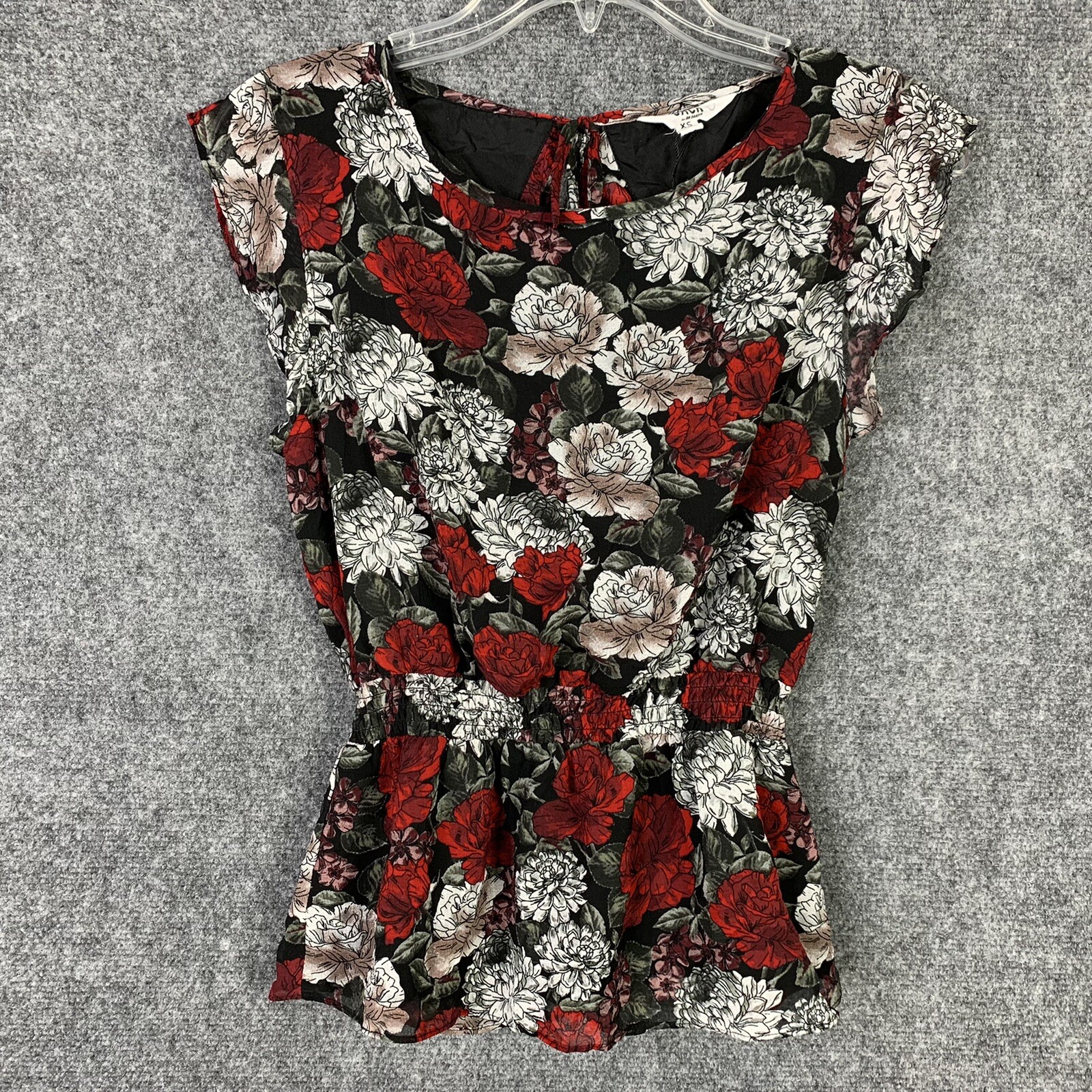 Jack by BB Dakota Floral Sheer Lined Top Women XS Ruffel Floral Open Back Peplum