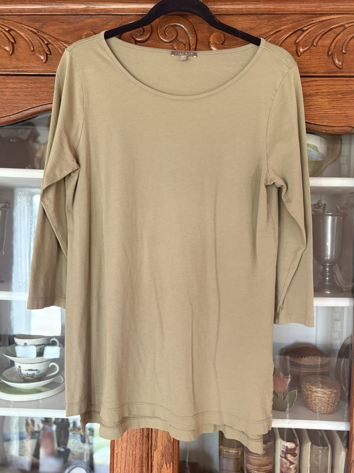 Lilla P SIZE L WOMEN OLIVE GREEN 3/4 sleeve boatneck dolman tee Pima Cotton
