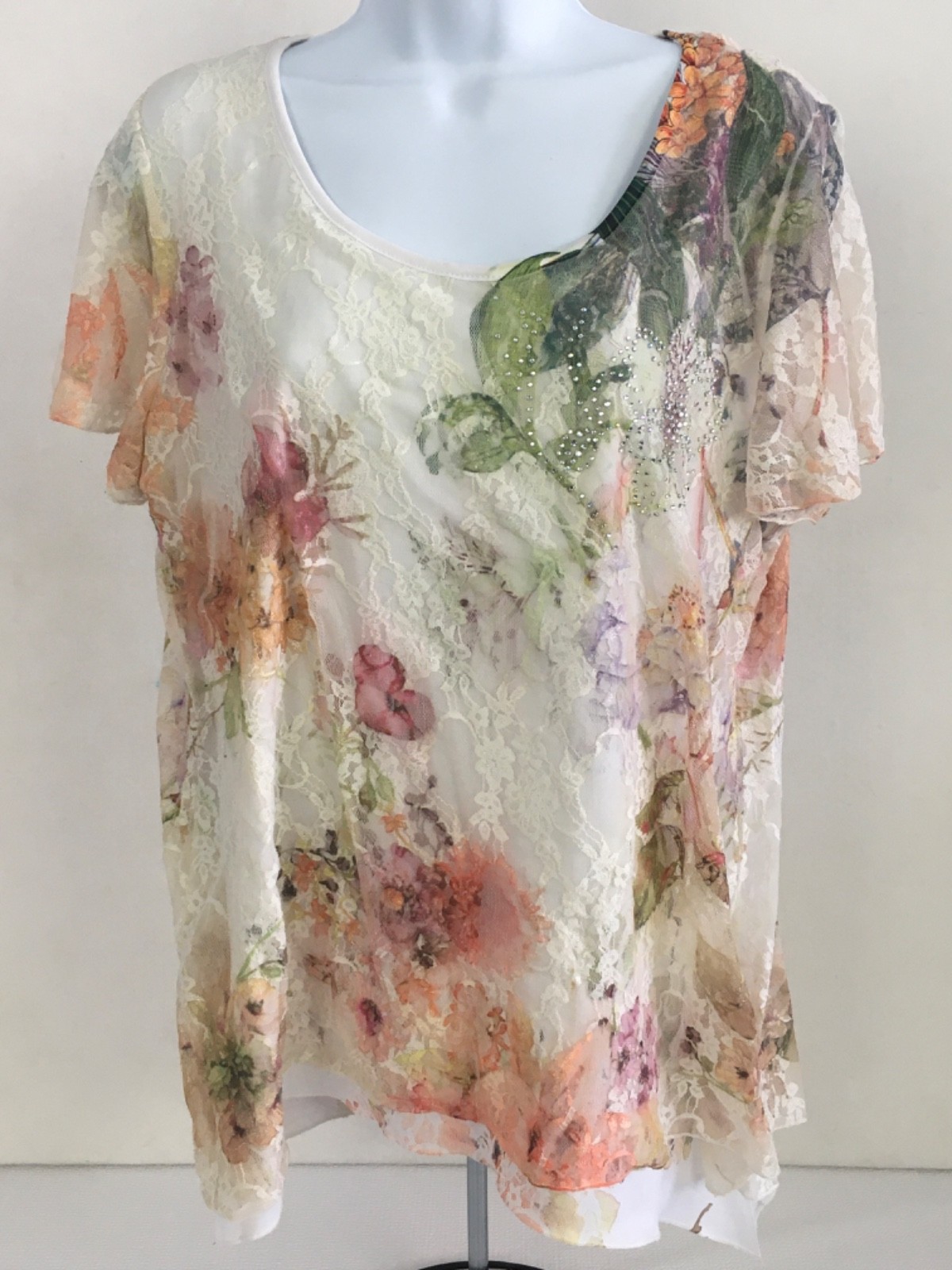 Roz n Alli Top Women Size L Ivory with Orange Purple Lace Floral Sequins Lined