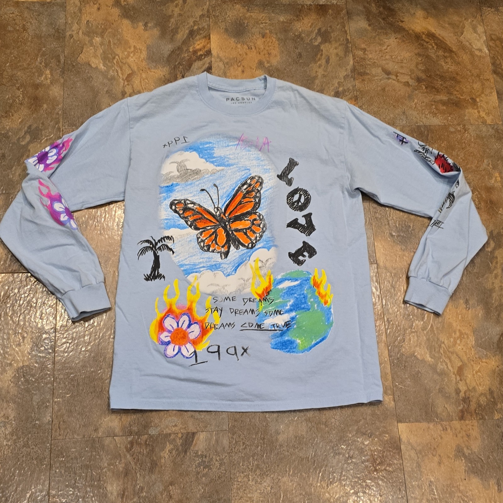 PacSun Graphic Butterfly love hippie Long Sleeve tee Shirt womens M surfer beach