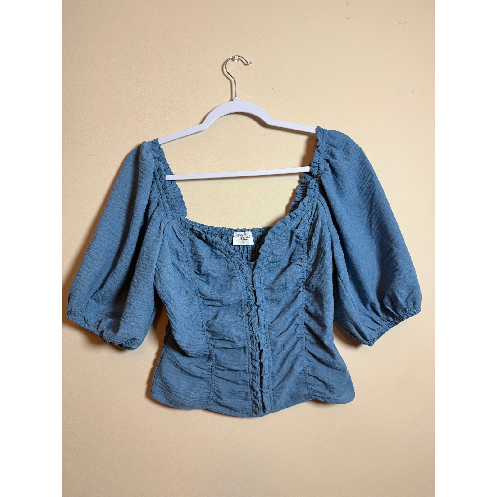 Blue Ruched Milkmaid Top Puff Sleeve Cottagecore Peasant Blouse Large Sienna Sky