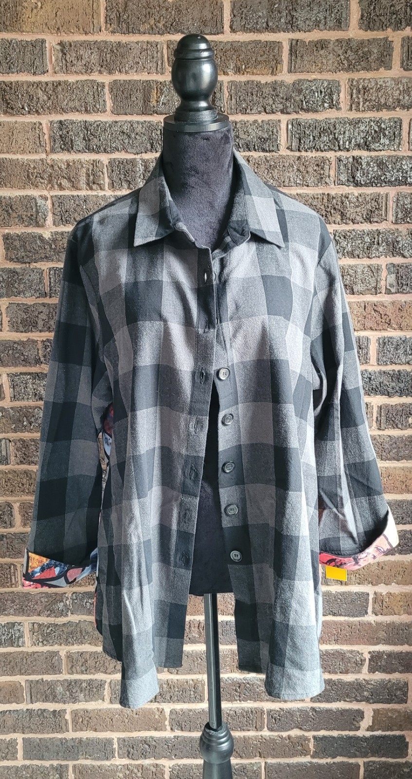 Shana Womens NWOT Black Plaid Print Art To Wear Cotton Button Up Sz XXL Pockets