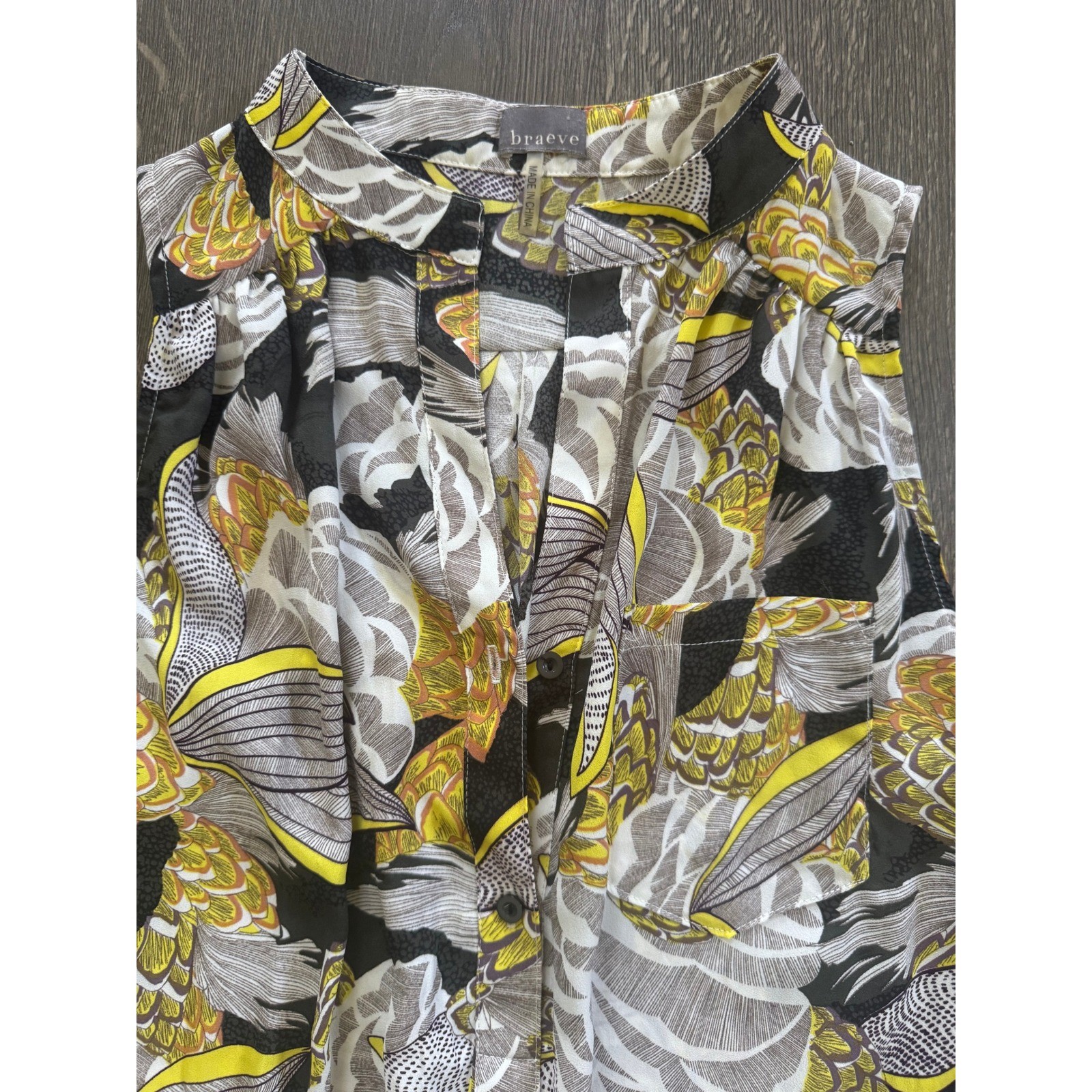 Braeve Floral Sleeveless Blouse S Yellow Black White Polyester Excellent