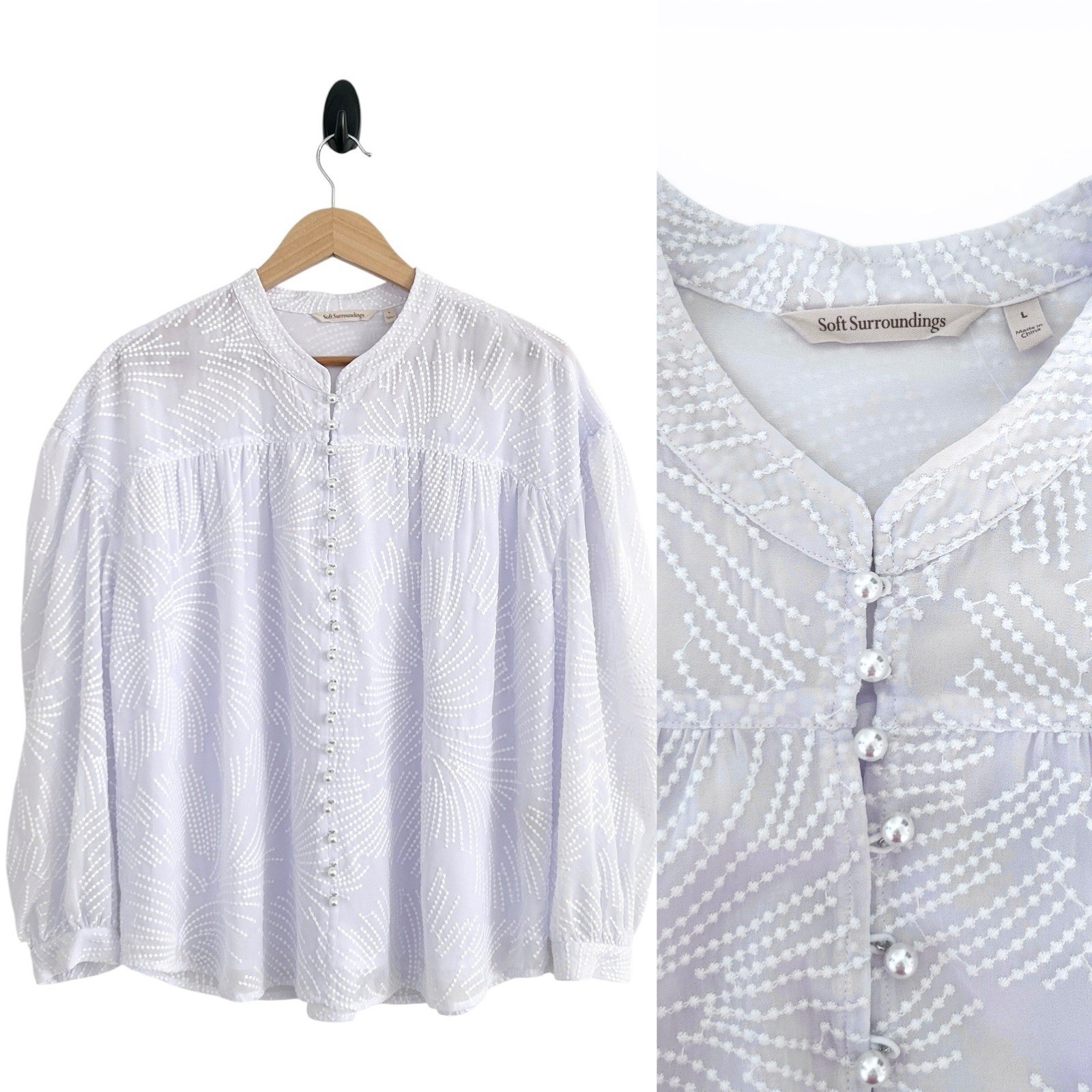 Soft Surroundings Women Large White Oleada Pearl Embroidery Long Sleeve Top NWOT