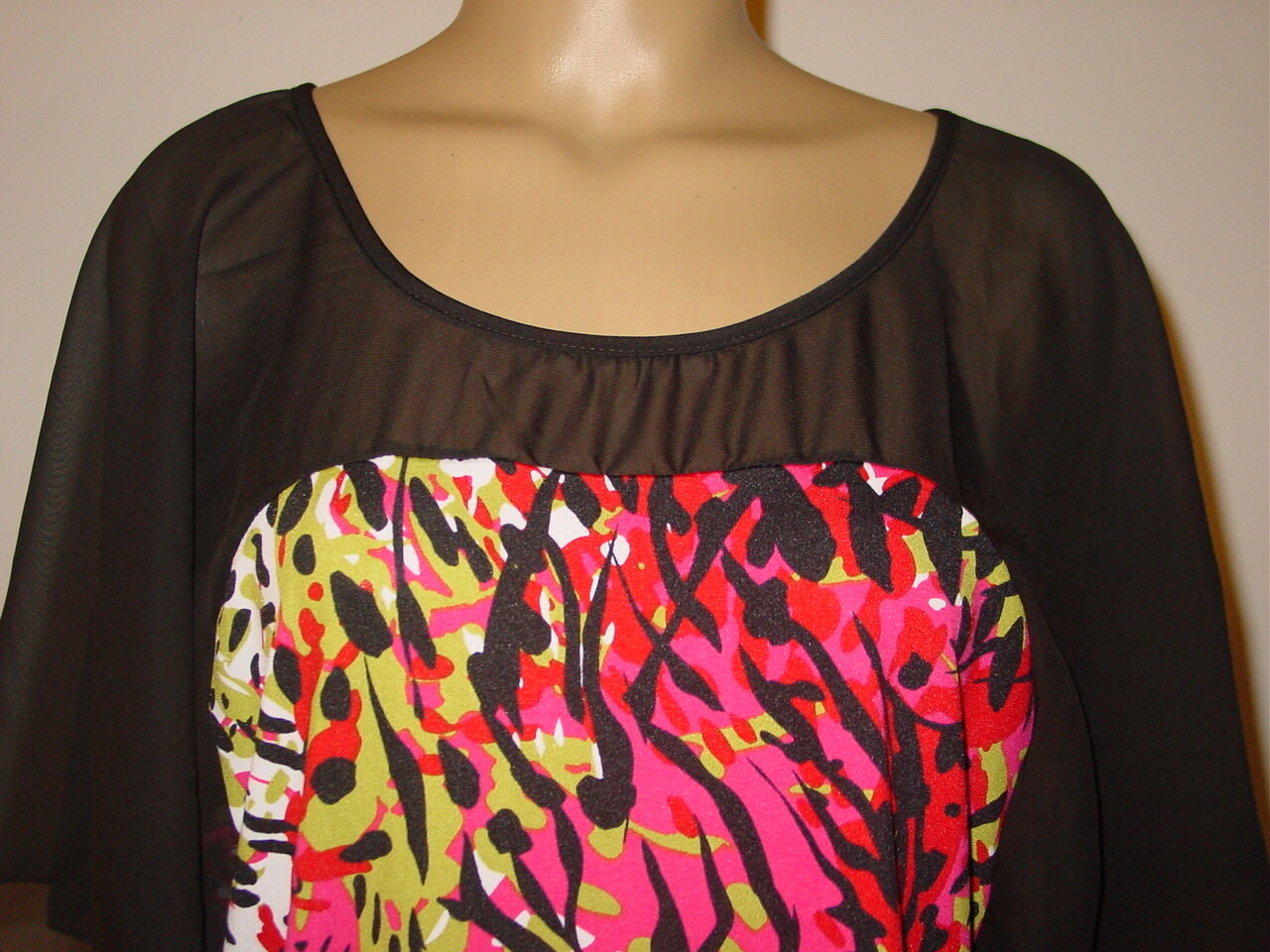 D.J. Summers Pink Black Abstract Leopard Print Slinky Tunic Top Sheer USA-XL NEW