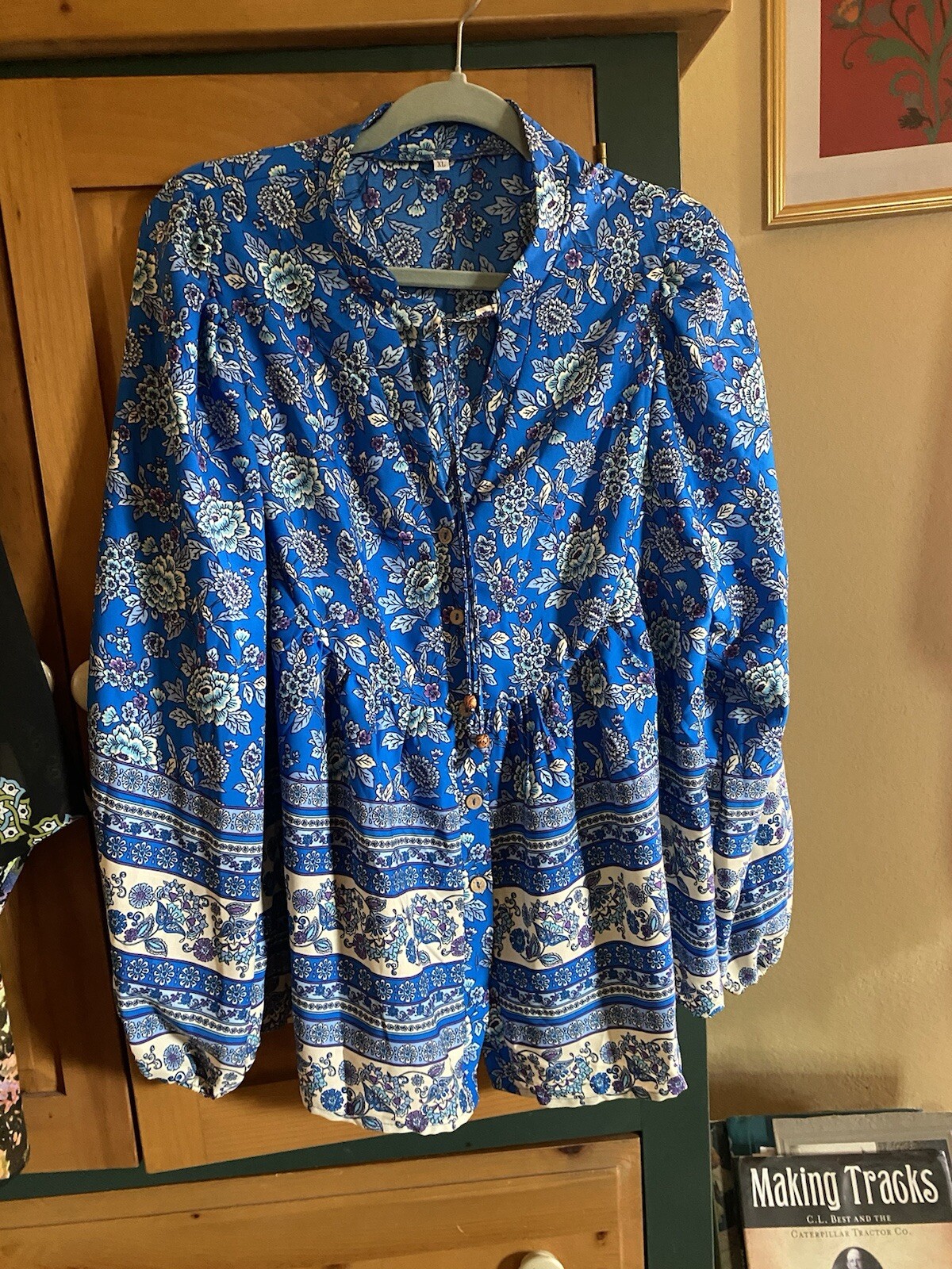 Blue Floral Boho Peasant Style Long Sleeve Top XL