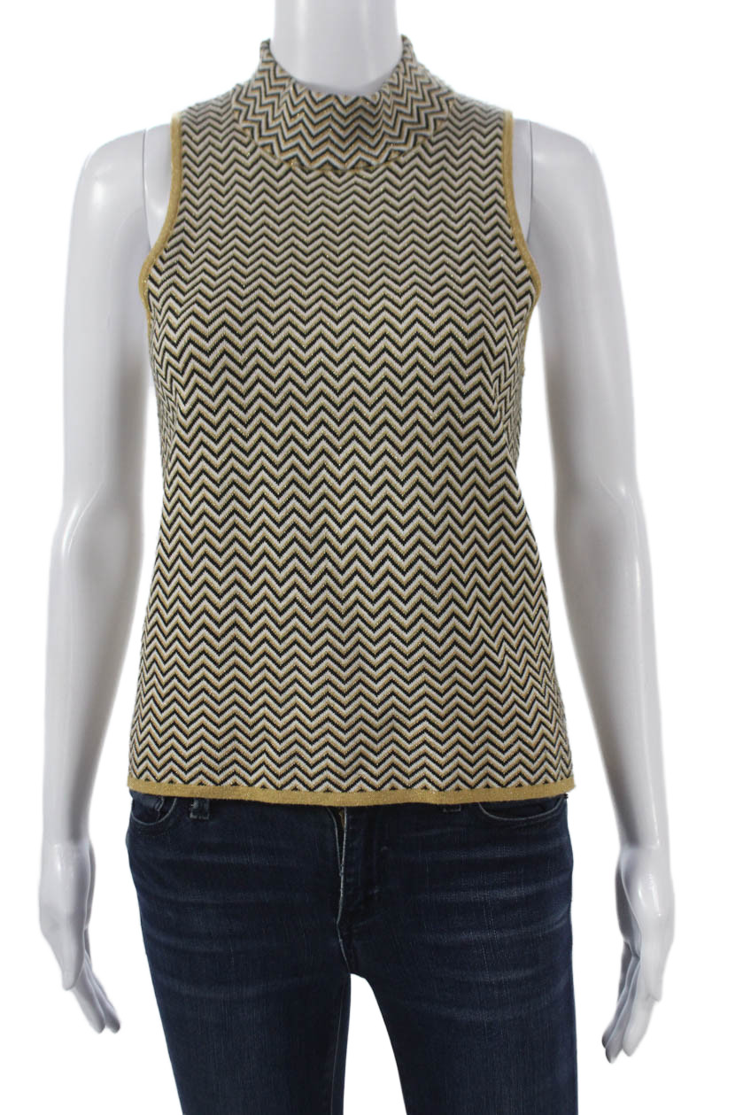 Minnie Rose Womens Black Sleeveless Mock Neck Geometric Viscose Tank Size M