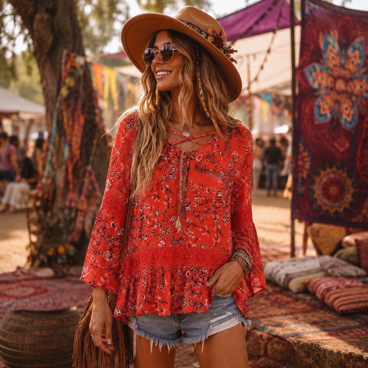 New Directions Women’s L Red Floral Embroidered Boho Peasant Tunic Top Hippie
