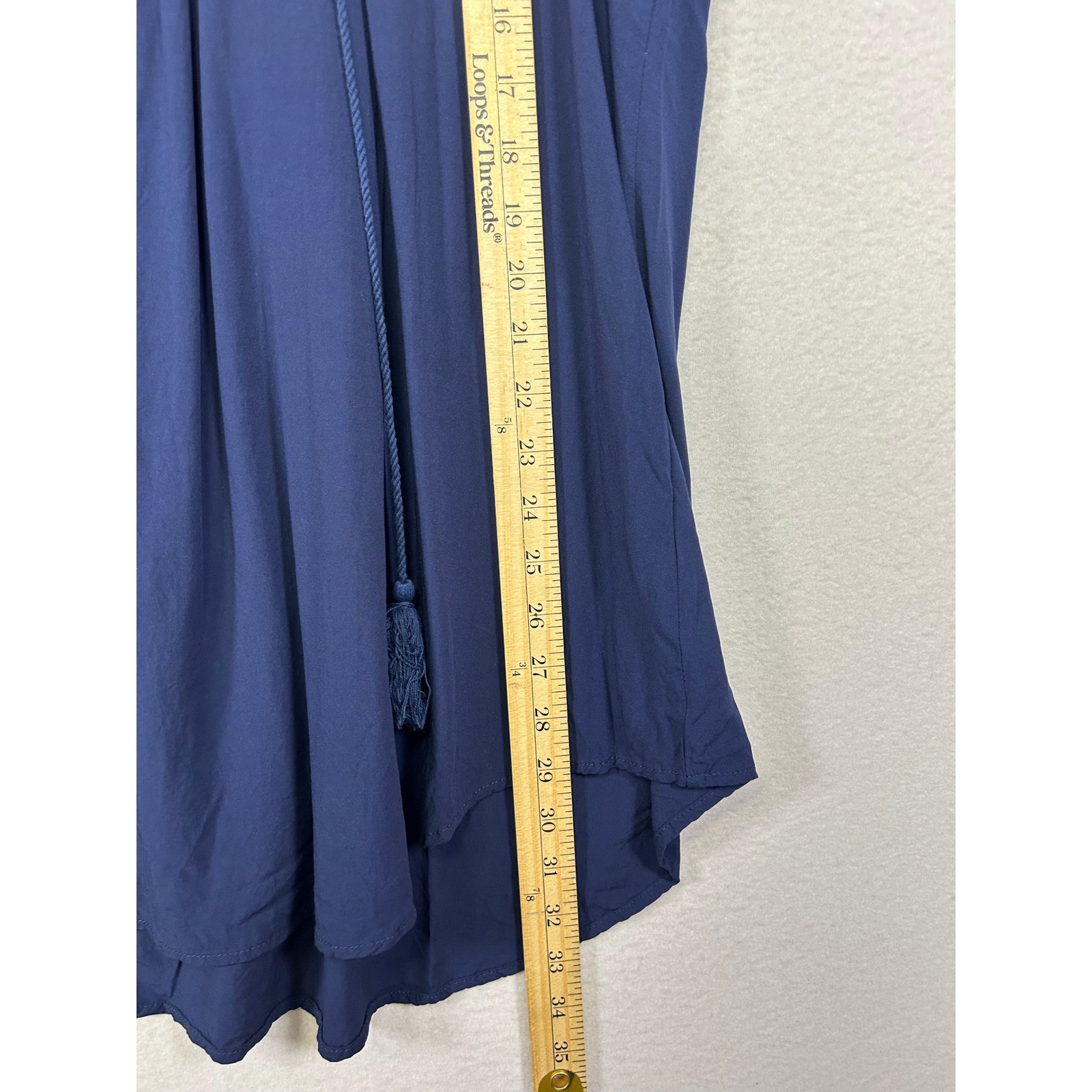 Boho Peasant Ekouaer Women XL Blue Crochet Lace Tassel V-Neck Short Slv Blouse
