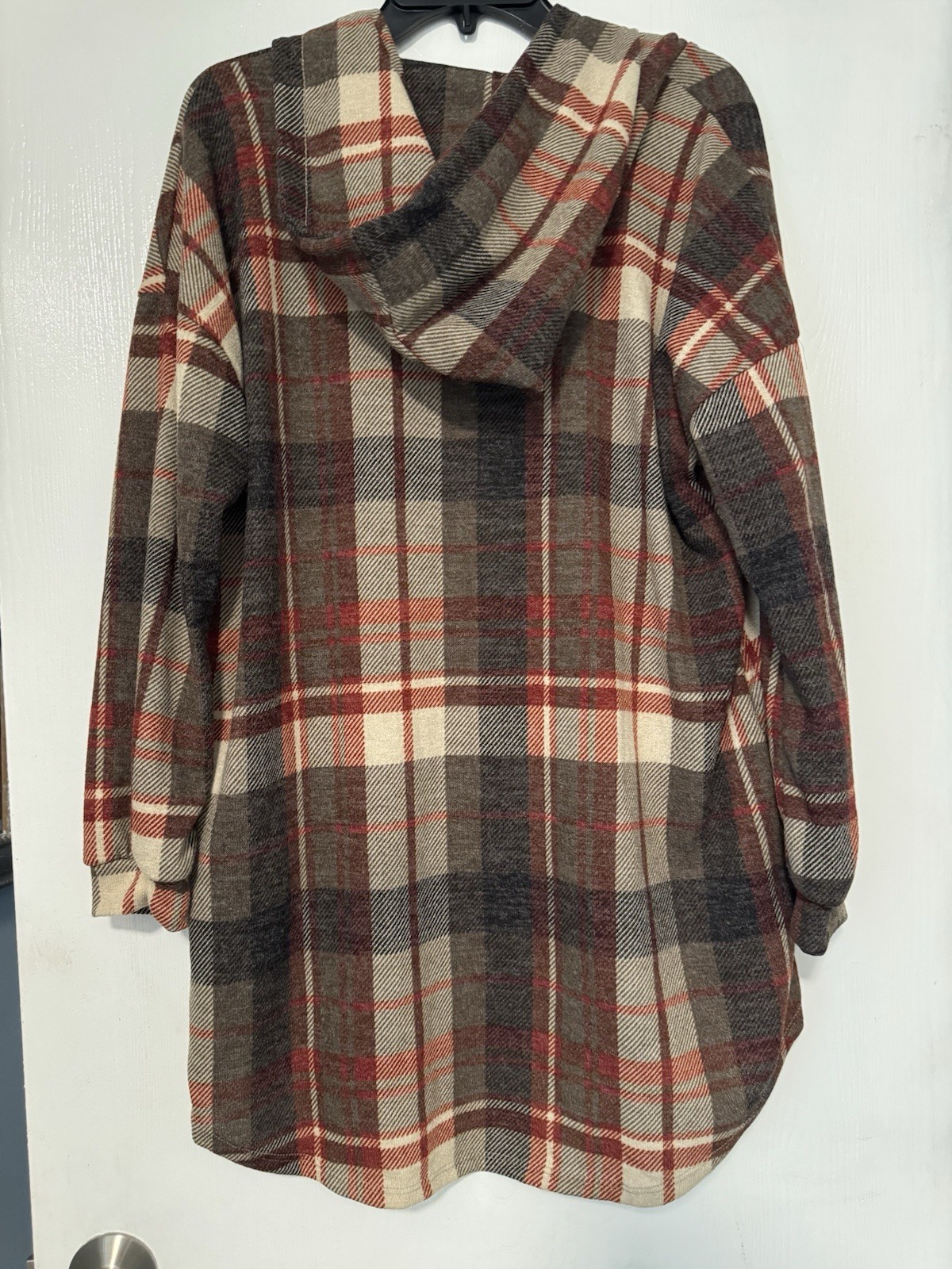 Women’s Size Small Oversized Button Up Hooded Flannel. Thigh Length