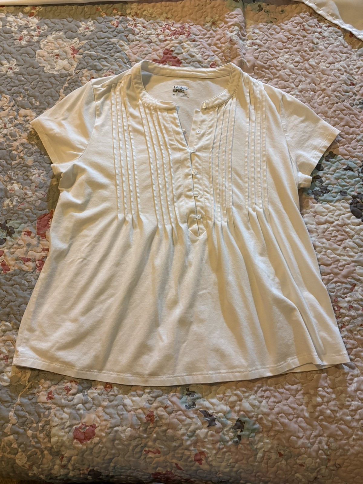 Lands End Lightweight Jersey Button Pintuck Top Size M White Spandex Cleangirl