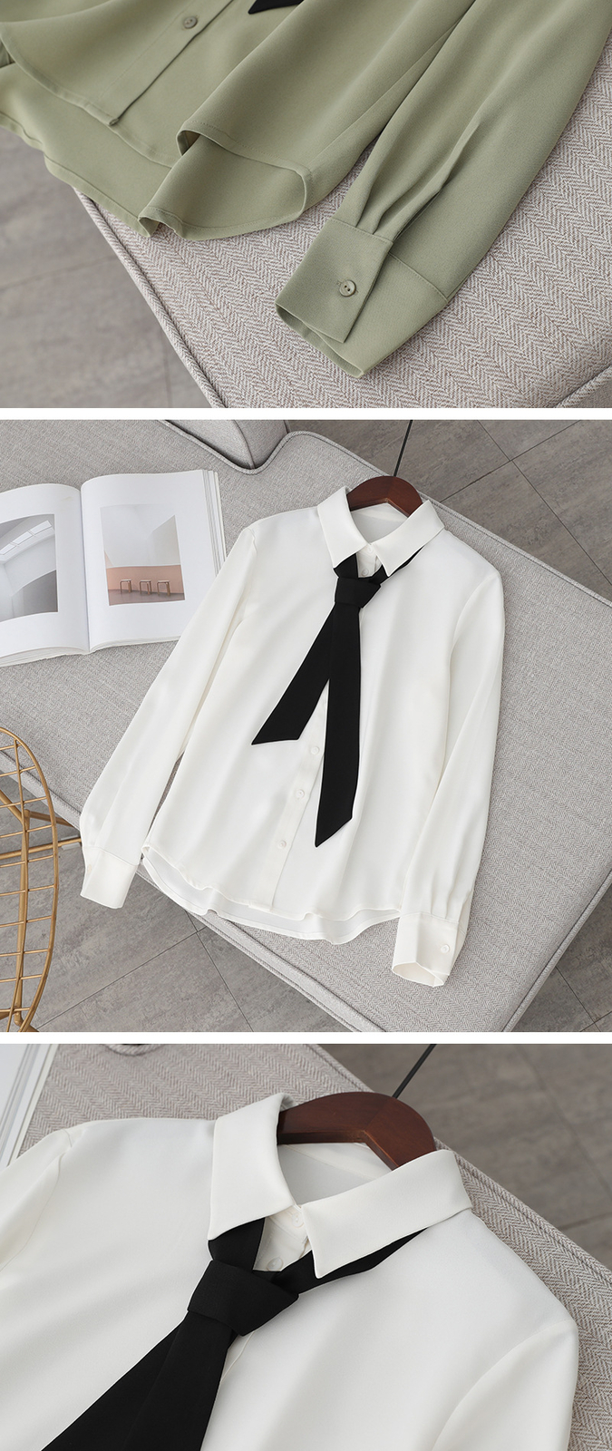 Womens Formal Black Bow Tie Long Sleeve OL White Blouse Shirt Top
