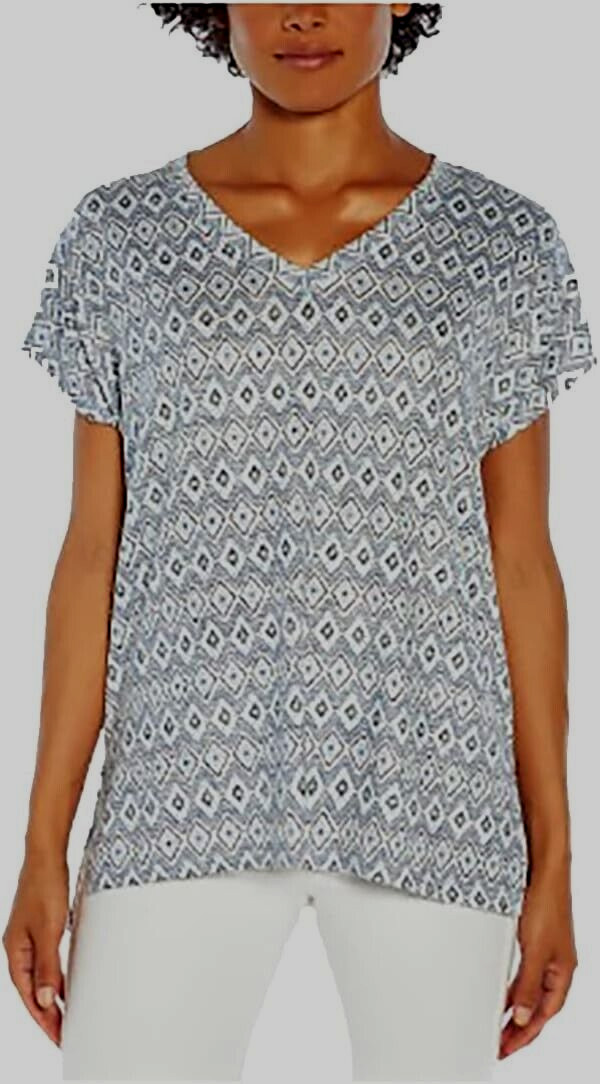 Orvis Womens top Argyle diamond print Sz L Pullover Shirt V-Neck knit Short Slee