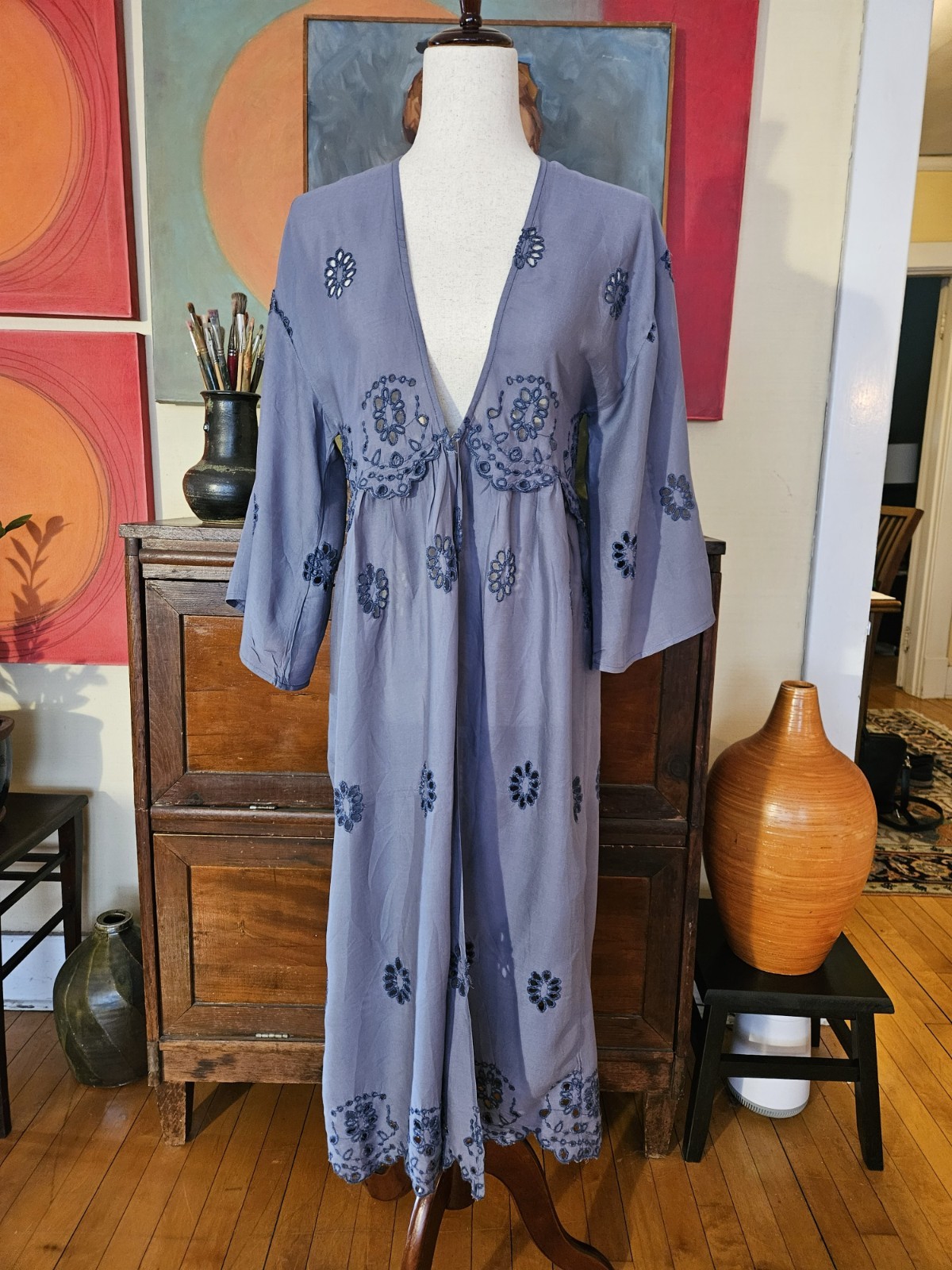 American Eagle Duster XS/S Festival Long Eyelets Boho Blue w Magnolia Pearl