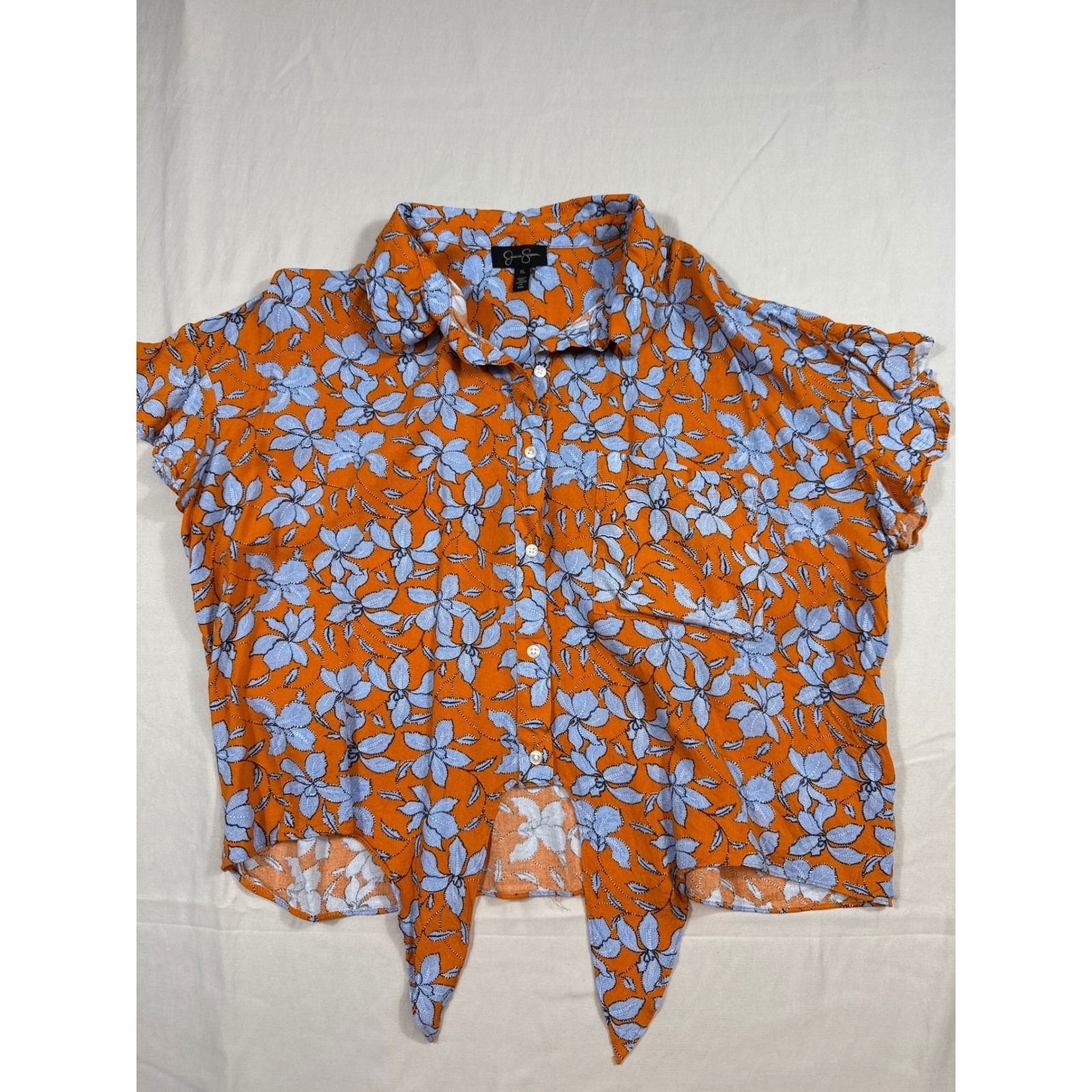 Jessica Simpson Womens XL Orange Blue Floral Tie Front Button Down Blouse Top