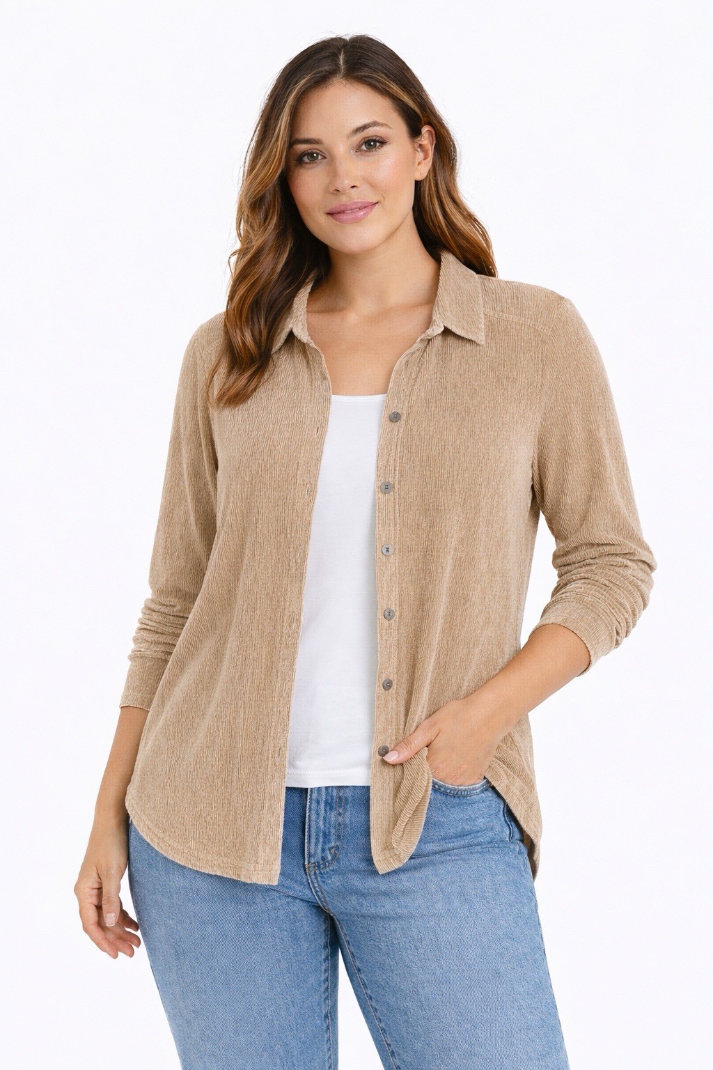 Ali Miles Velvet Velour Beige Wearable Art Blouse Shirt Top Minimalist NEW Sz L