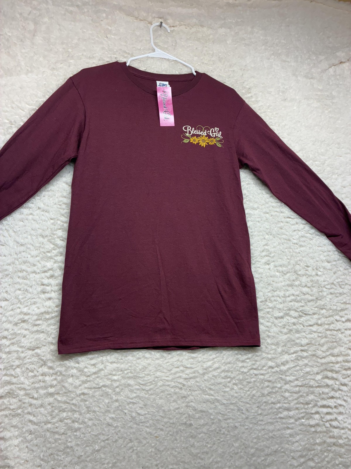 Blessed Girl Shirt Womens Small Burgundy Love Never Fails Christian Long Sleeve