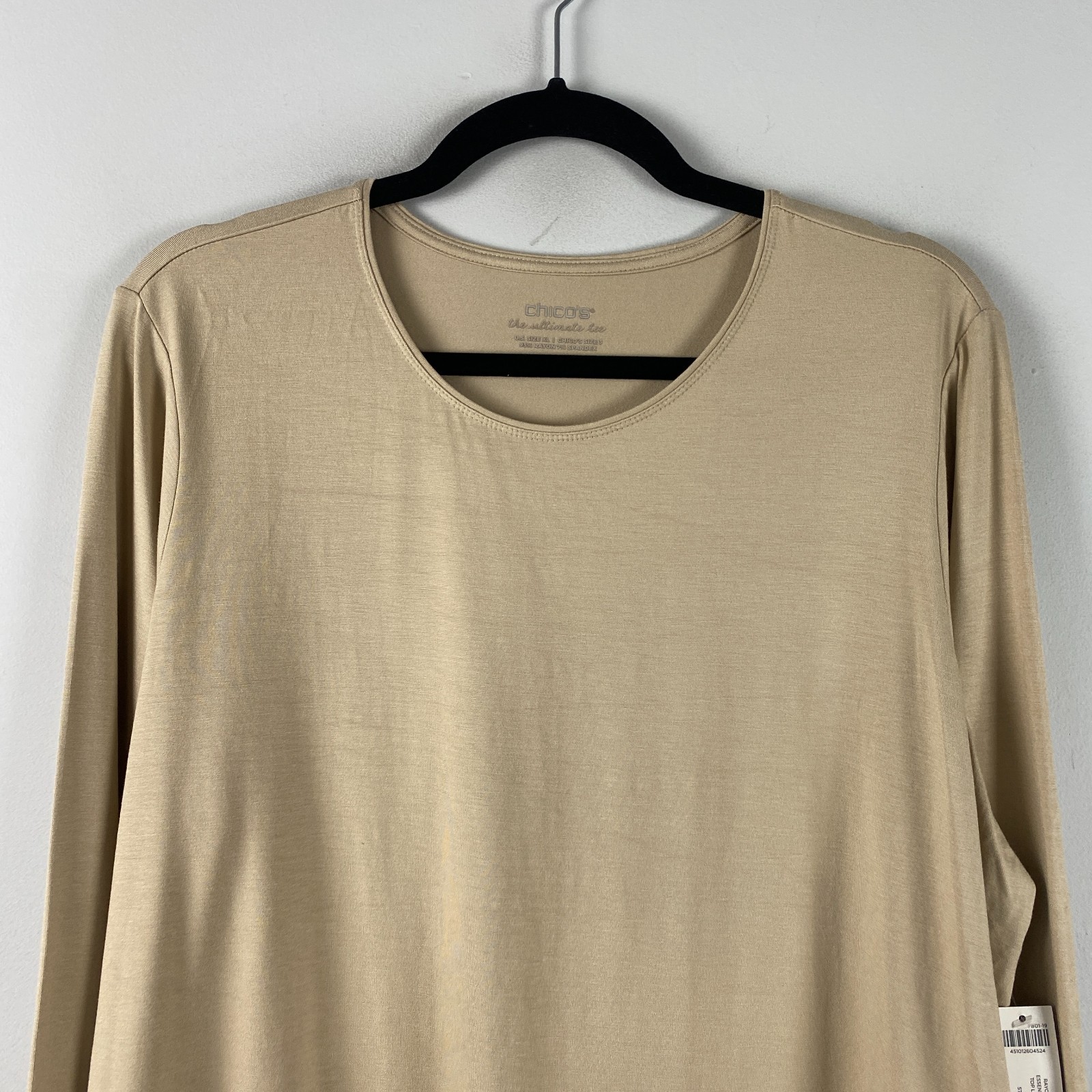 Chicos Essential Layer Long Sleeve T Shirt Size 3 US XL Sand Beige Stretch