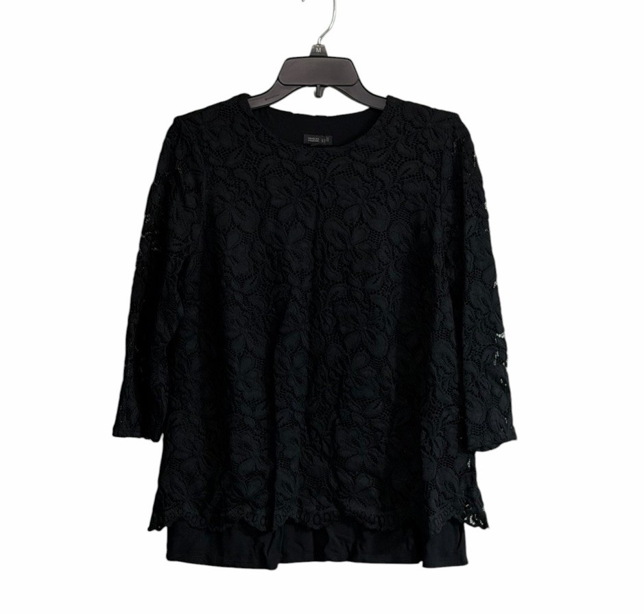 J Jill Wearever Blouse Med Black Floral Lace Overlay Whimsigoth Romantic Office