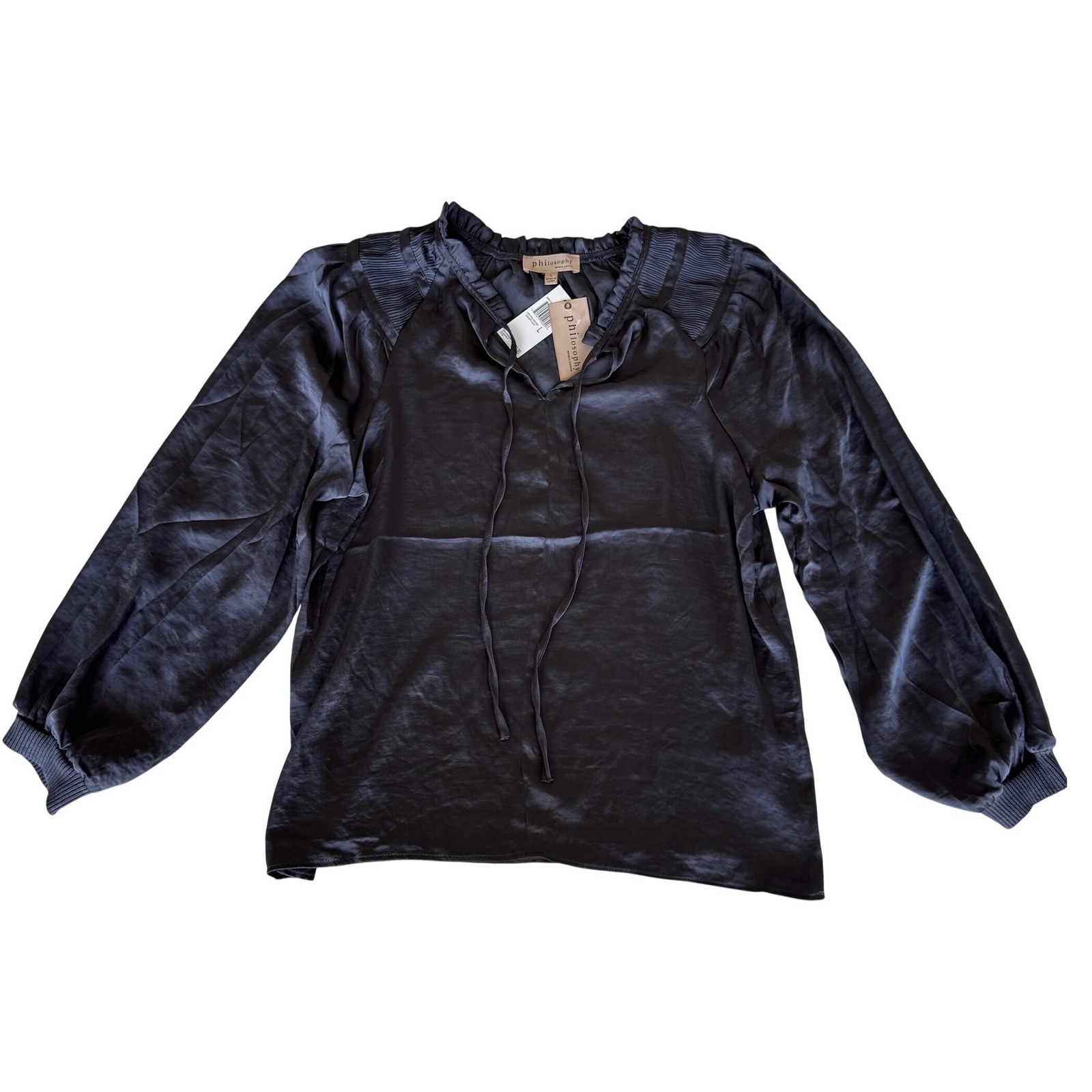 Philosophy Republic Clothing Womens Satin Ruffle Tie Neck Blouse Slate Gray LG