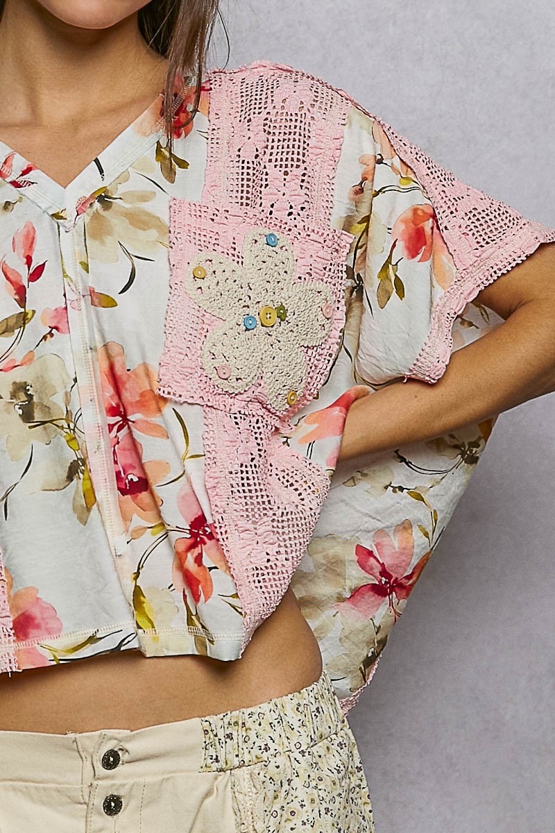 POL Clothing Women’s Floral Printed Crochet Lace Top in Pink Ivory