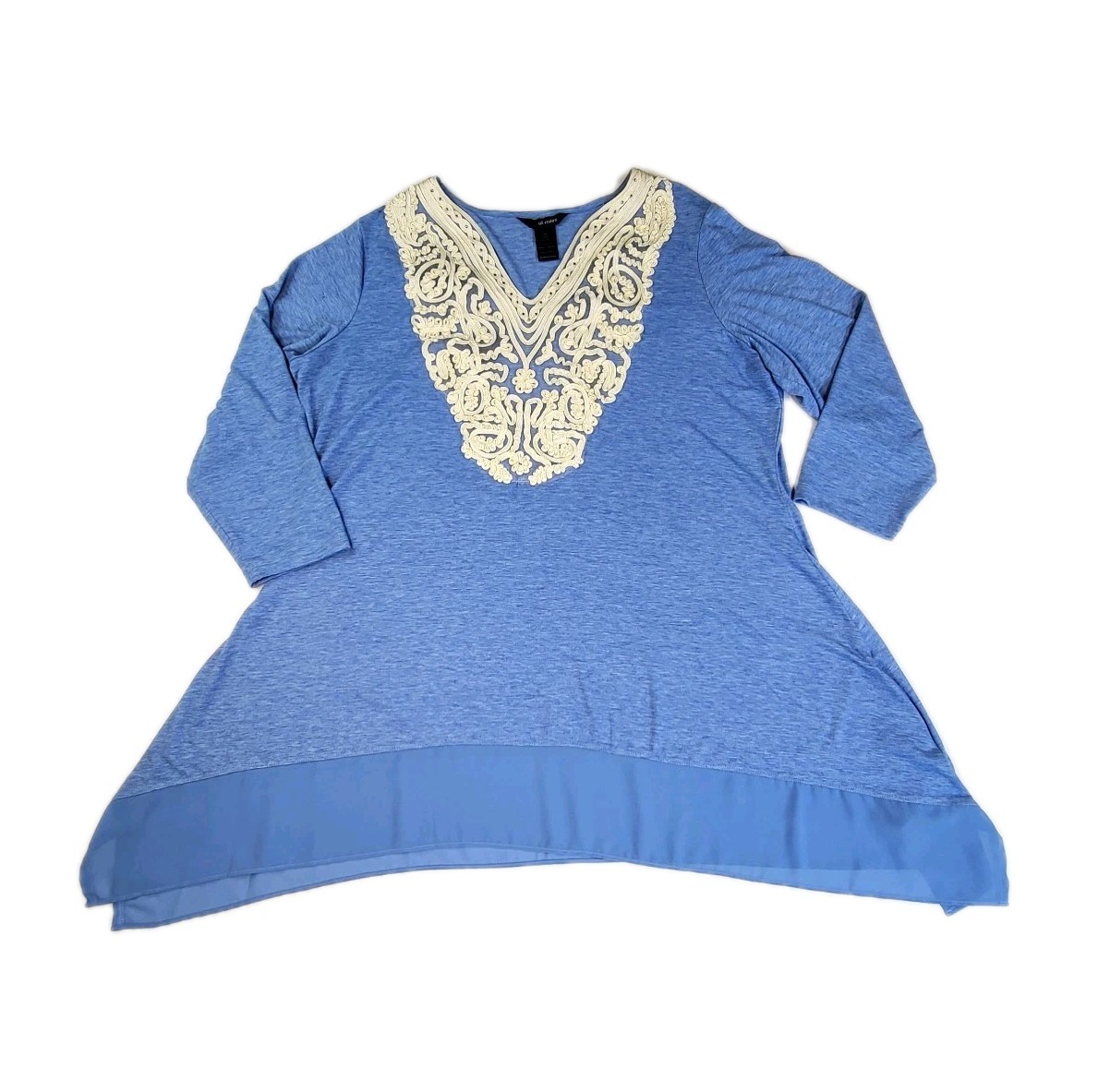 Ali Miles 1X Tunic Top Blue Ivory Embroidery 3/4 Sleeve V Neck Blouse Ornate EUC