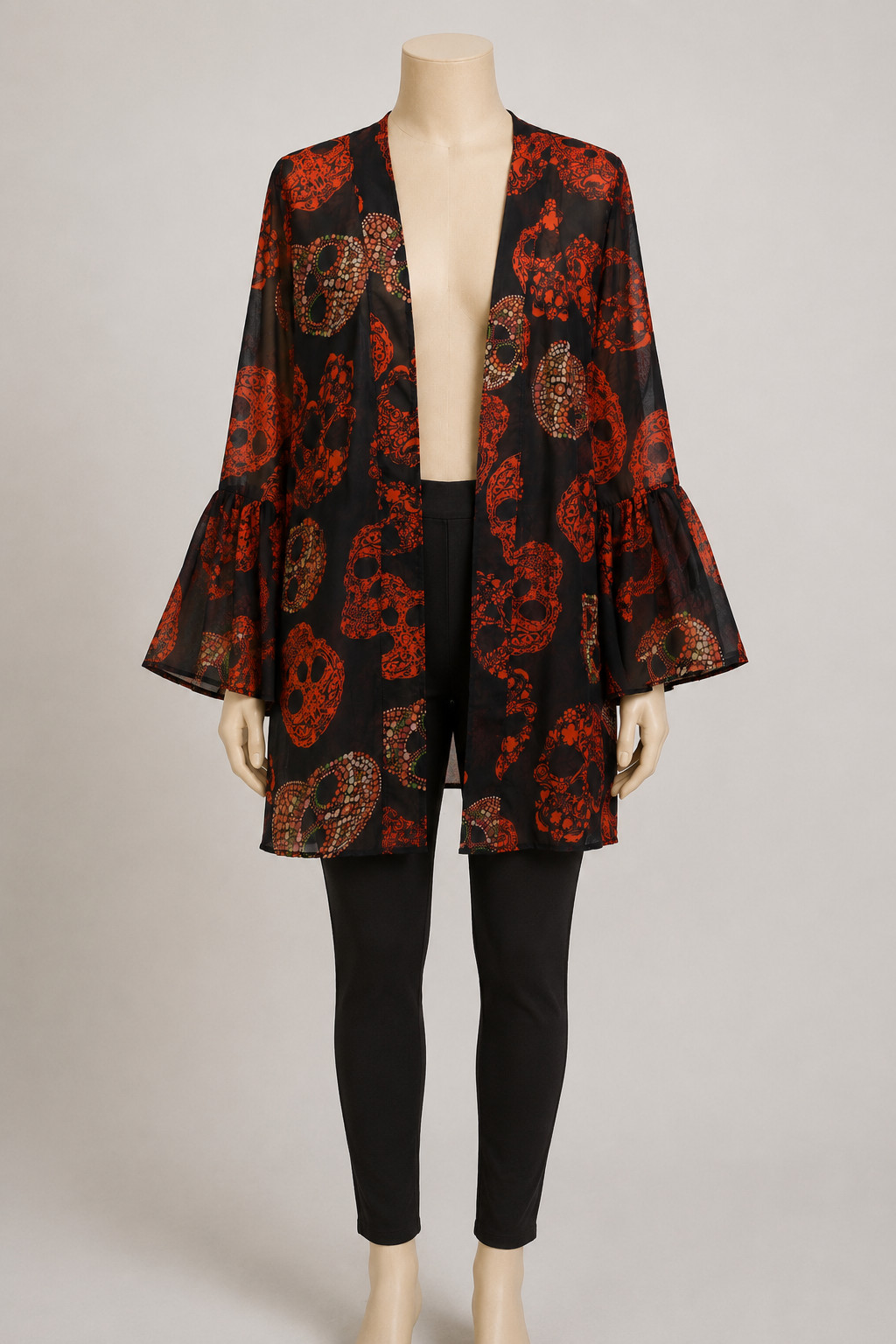 Women’s XL Sugar Skull Kimono Cardigan Bell Sleeve Sheer Black Orange Gothic