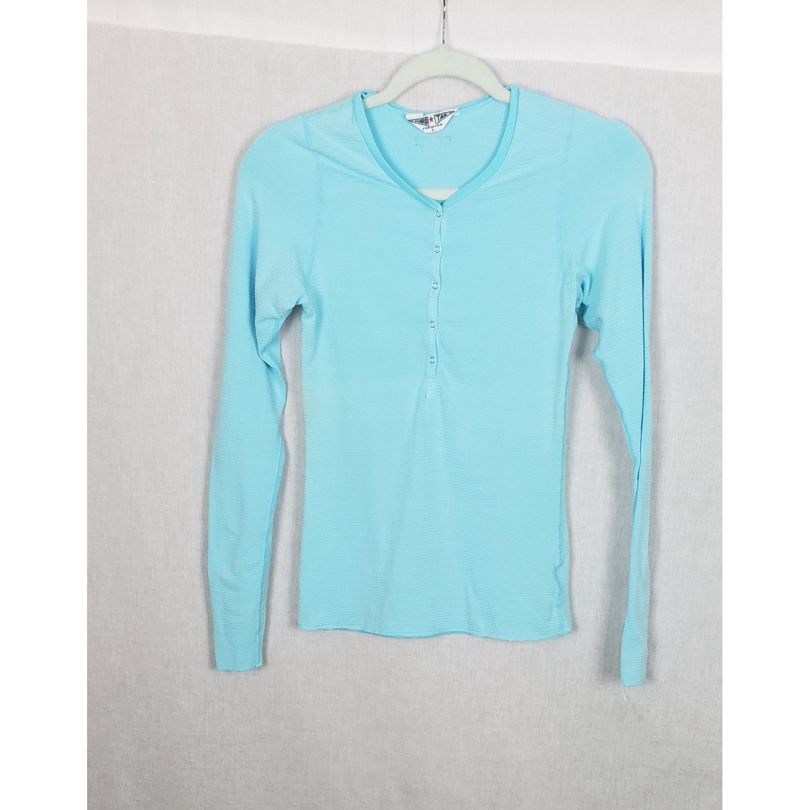 Hard Tail Forever Women Turquoise Blue Ribbed Long Sleeve Henley Top L Summer