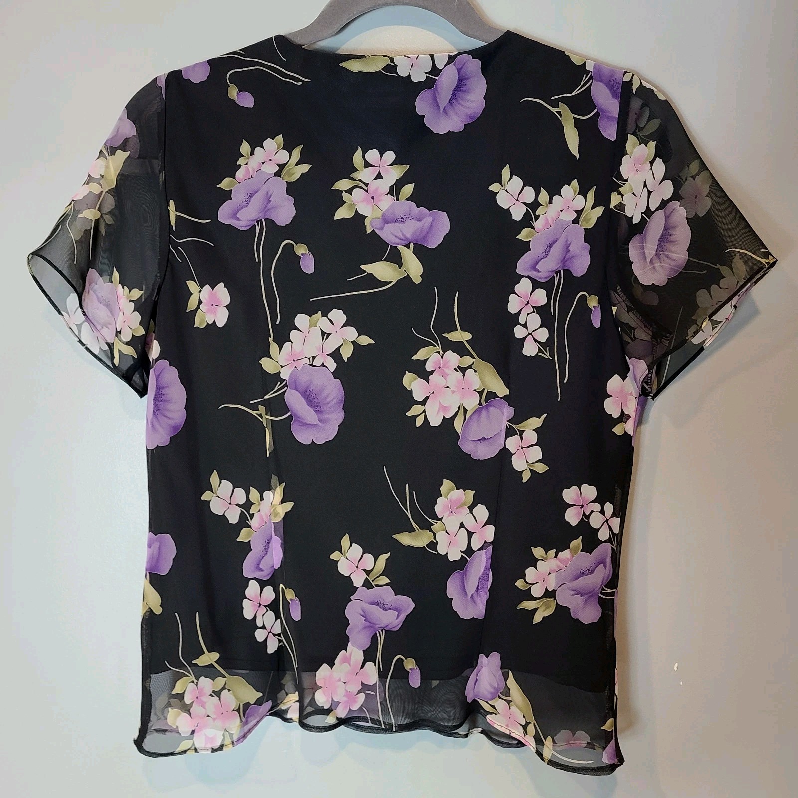 Vtg MSK Sheer Black Purple Floral Top Sz 16 Fairy Grunge Y2K Whimsigoth Festival