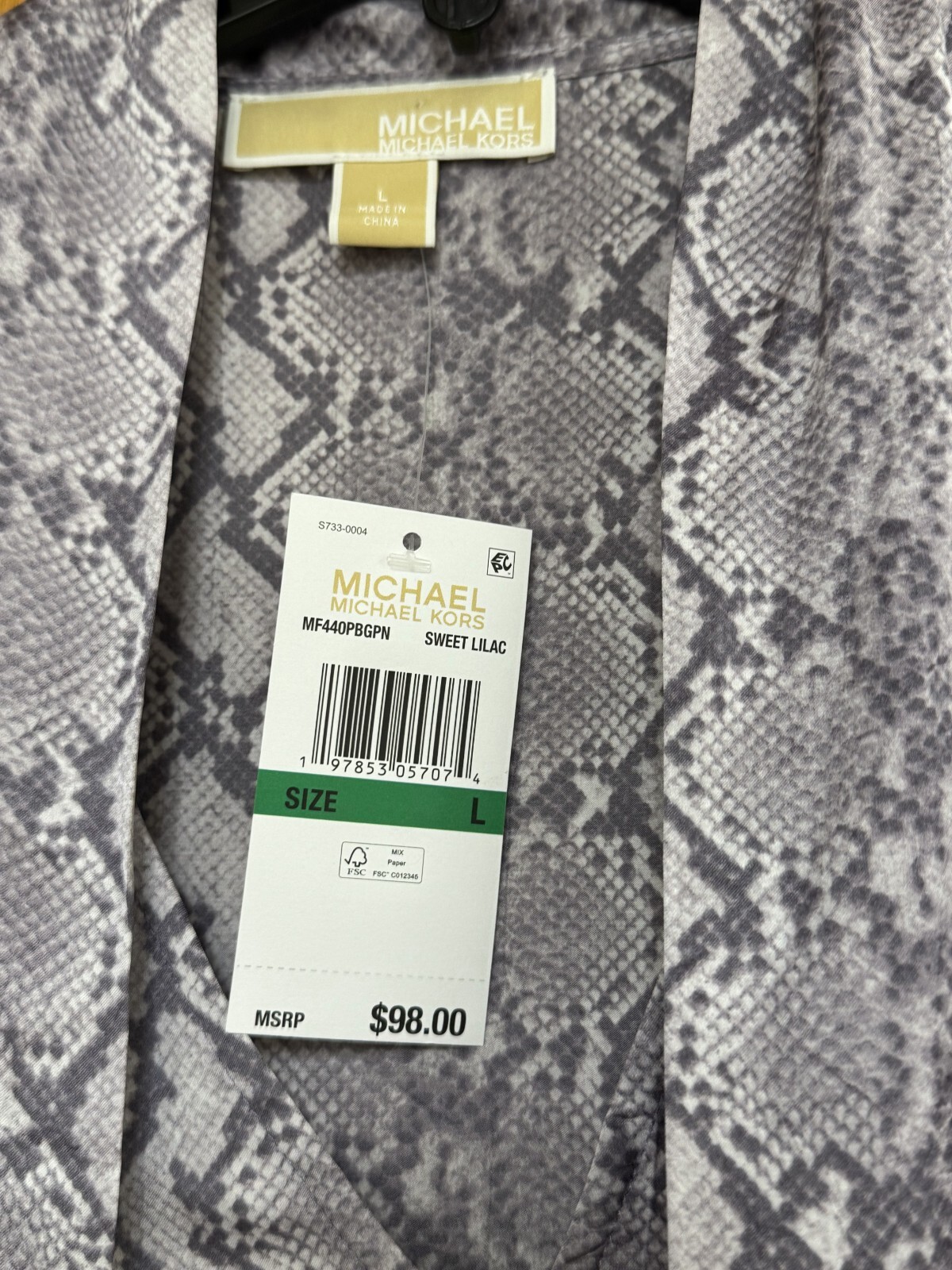 Michael Kors Women’s Blouse Large Sweet Lilac Snake Print Short Sleeve NWT $98
