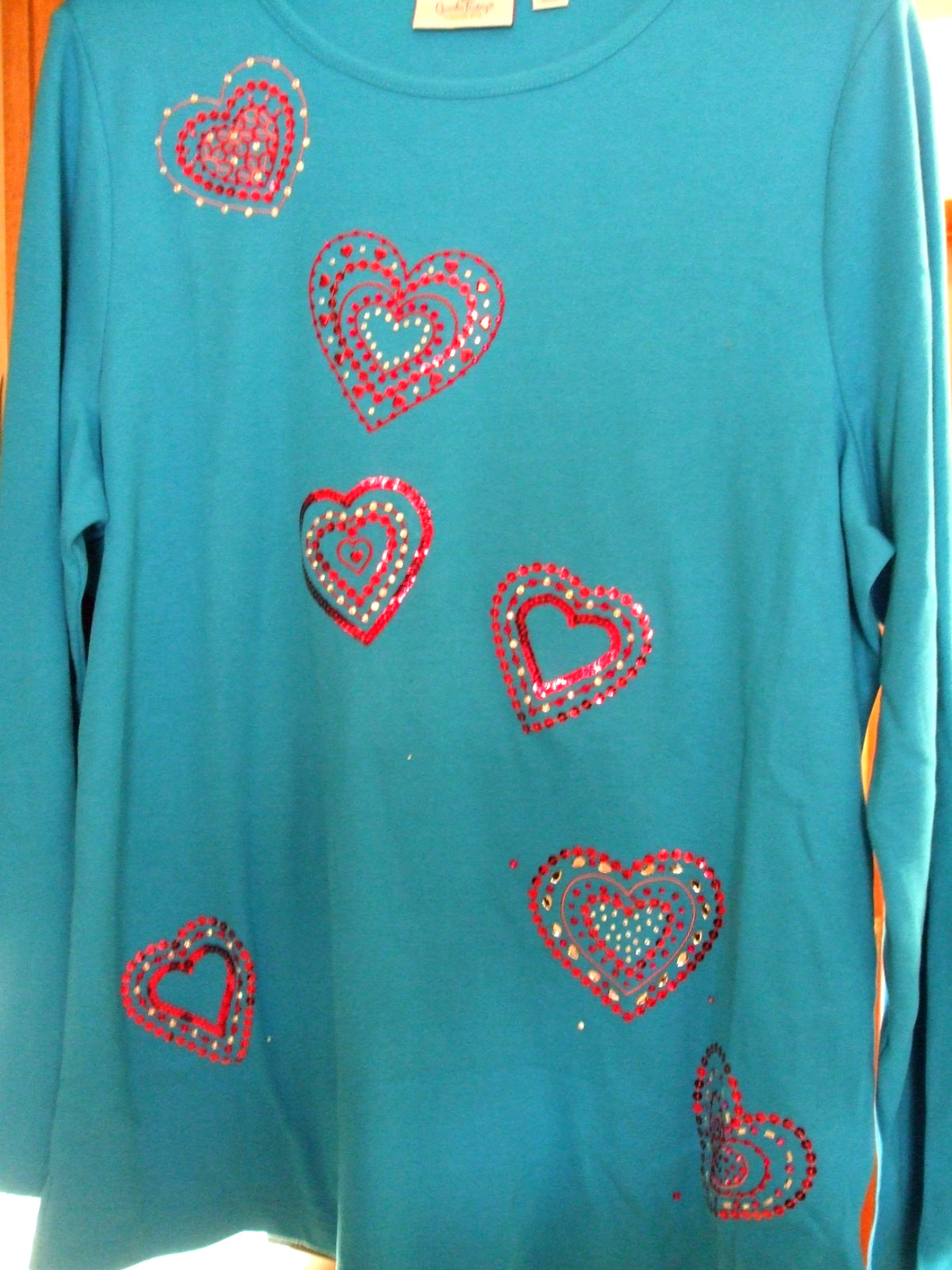 Quacker Factory Be Mine Rhinestone Long-Sleeve Top, DEEP TURQUOISE, LARGE, NEW