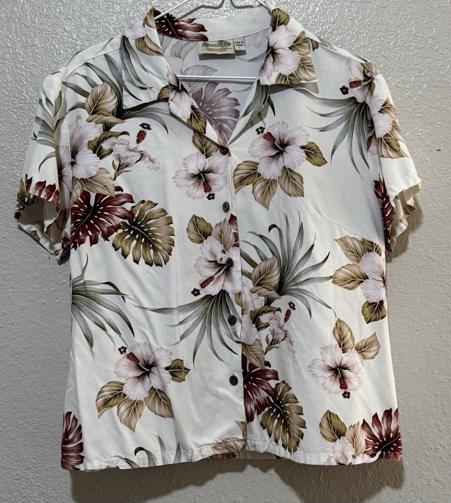PARADISE BAY W Sz. L Hawaiian Top, White Tropical Orchid Aloha SS Shirt USA